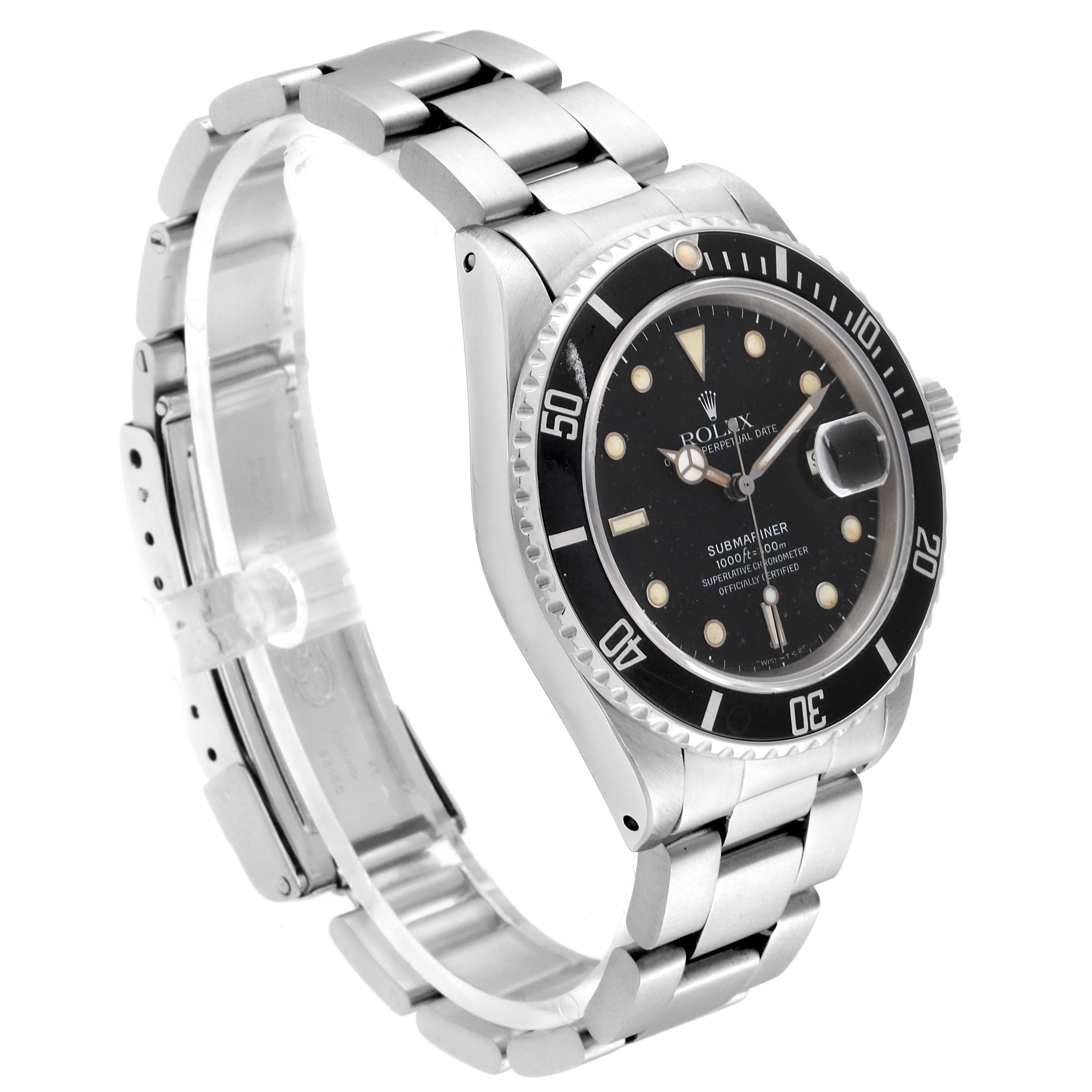 The image shows a Rolex Submariner 16800 Men
s Stainless Steel Black Dial 16800 Men
s Stainless Steel Black Dial watch angled from the front-left, displaying the dial, bezel, bracelet, and part of the clasp.