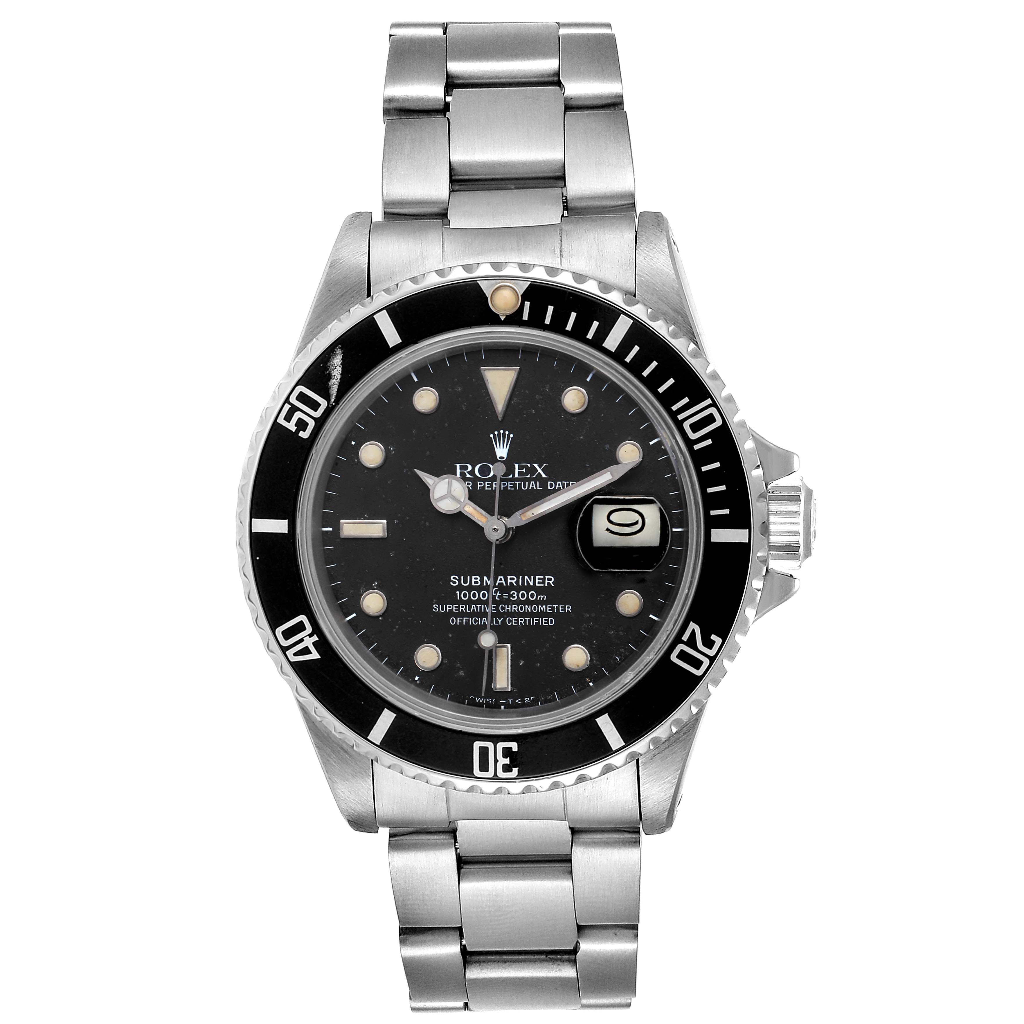 The image shows a front-facing view of a Rolex Submariner 16800 Men
s Stainless Steel Black Dial 16800 Men
s Stainless Steel Black Dial watch, displaying the dial, bezel, and bracelet.