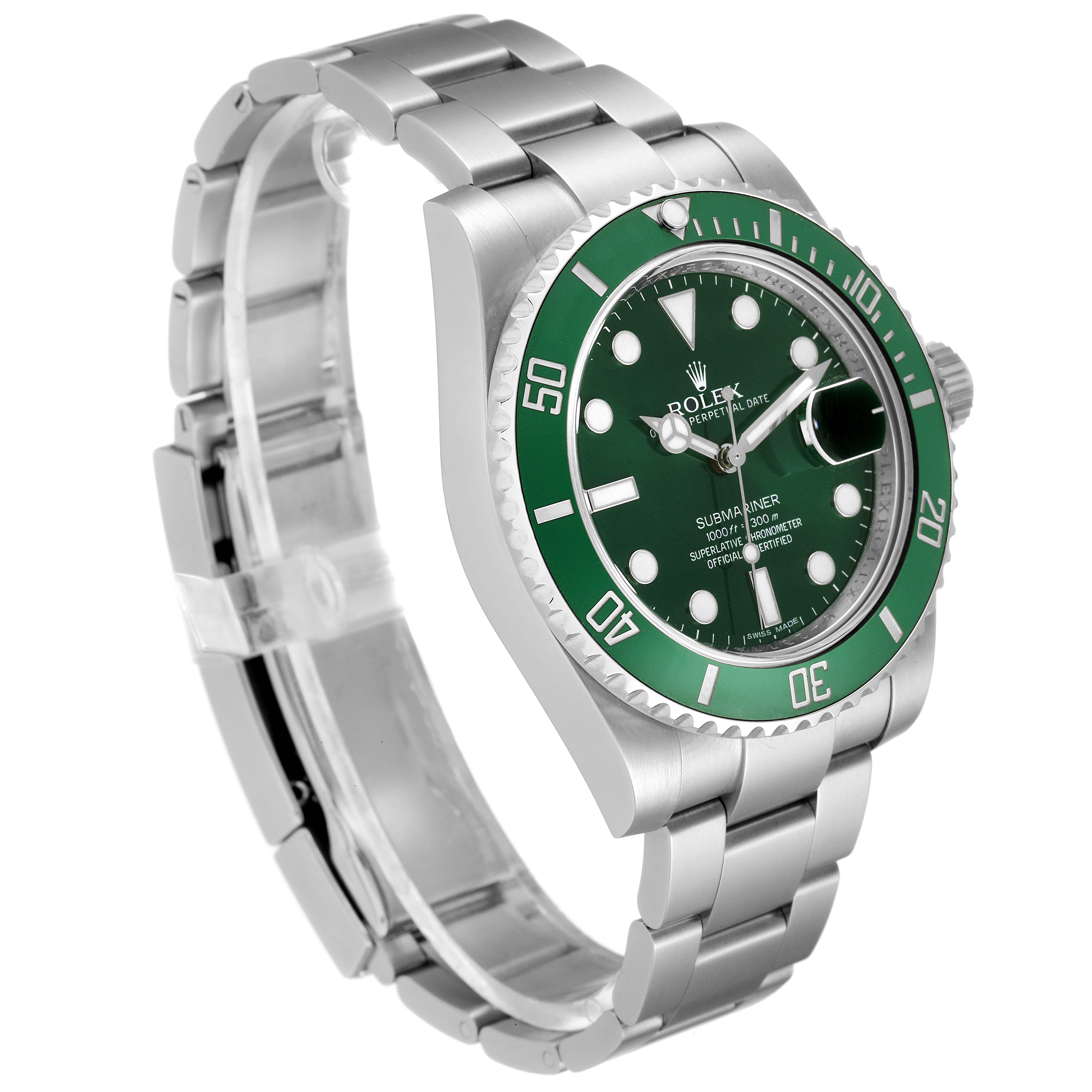 This Rolex Submariner 116610LV Men
s Stainless Steel Green Dial 116610LV Men
s Stainless Steel Green Dial watch is angled to show the front and left side, highlighting the green bezel, dial, and metal bracelet.