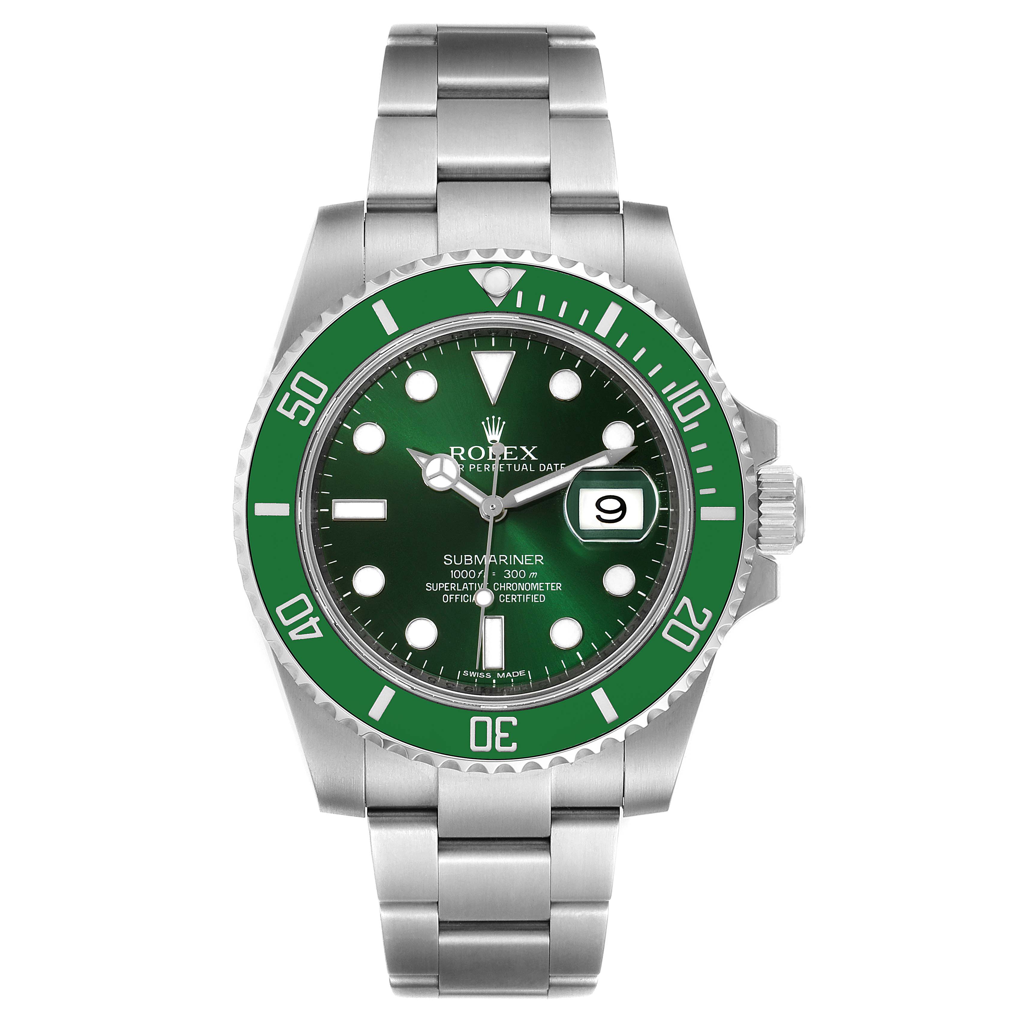 The image shows a front view of the Rolex Submariner 116610LV Men
s Stainless Steel Green Dial 116610LV Men
s Stainless Steel Green Dial watch, highlighting its green bezel and dial with a date window.