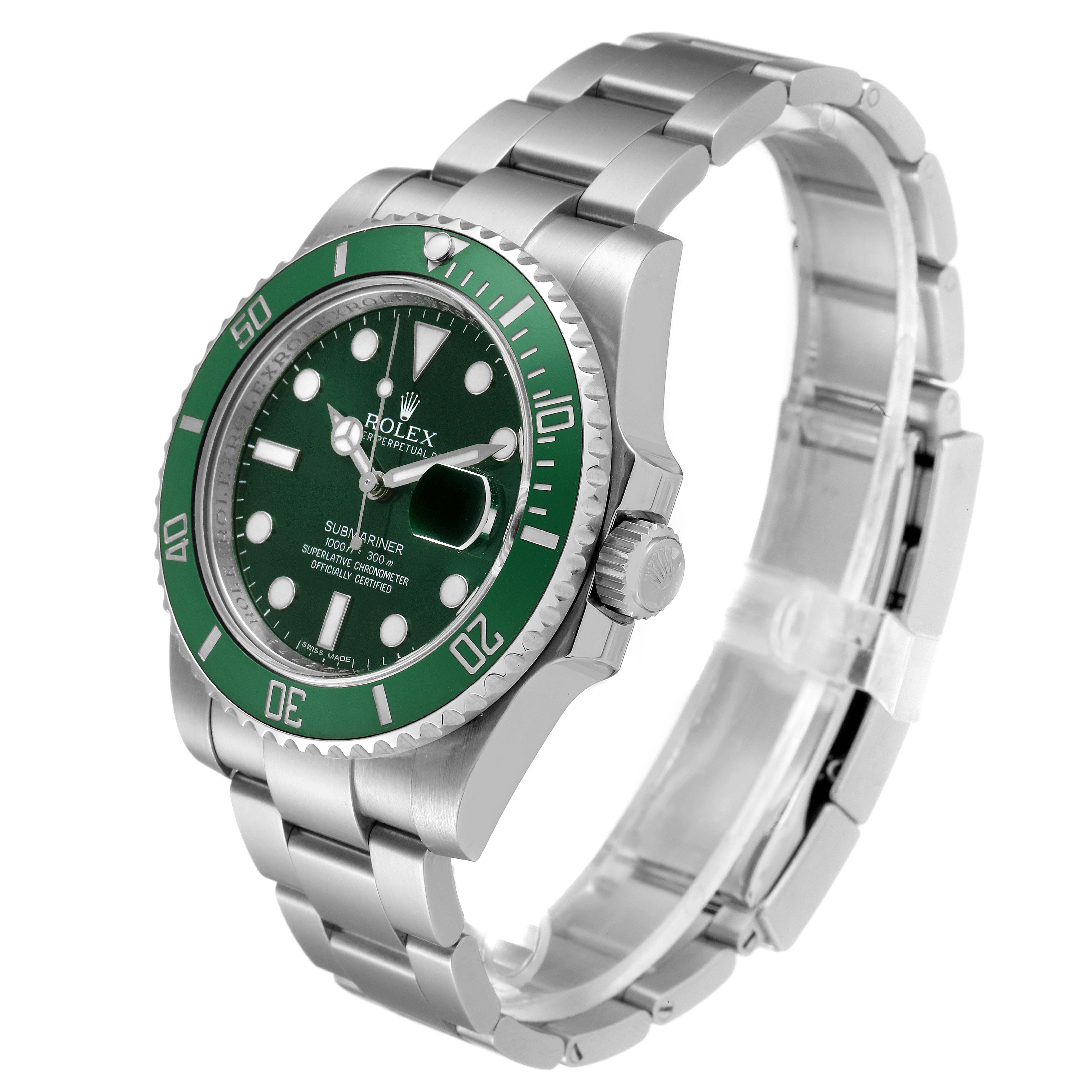 This Rolex Submariner 116610LV Men
s Stainless Steel Green Dial 116610LV Men
s Stainless Steel Green Dial watch is shown at an angle highlighting its green bezel, dial, crown, and metal bracelet.