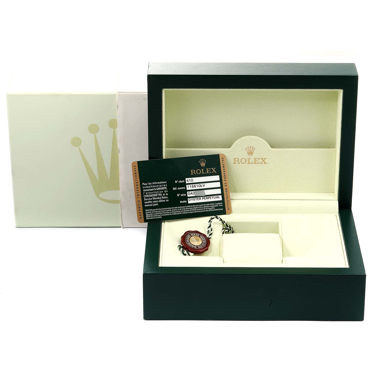 The image displays an open Rolex Submariner 116610LV Men
s Stainless Steel Green Dial 116610LV Men
s Stainless Steel Green Dial box with an Best Quality
ity card and a tag placed near the watch cushion slot.