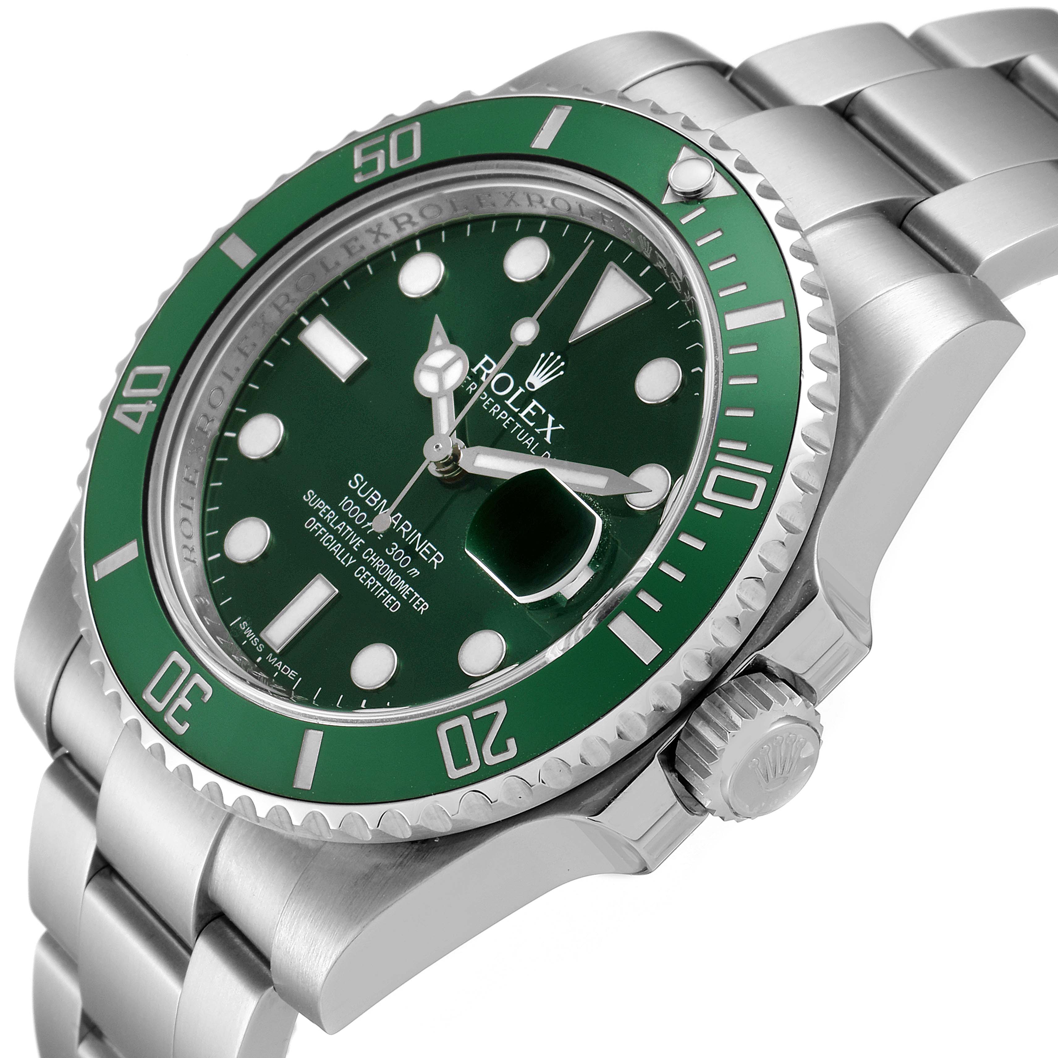 This image shows a top-right angled view of the Rolex Submariner 116610LV Men
s Stainless Steel Green Dial 116610LV Men
s Stainless Steel Green Dial watch, highlighting its green bezel, dial, and bracelet.