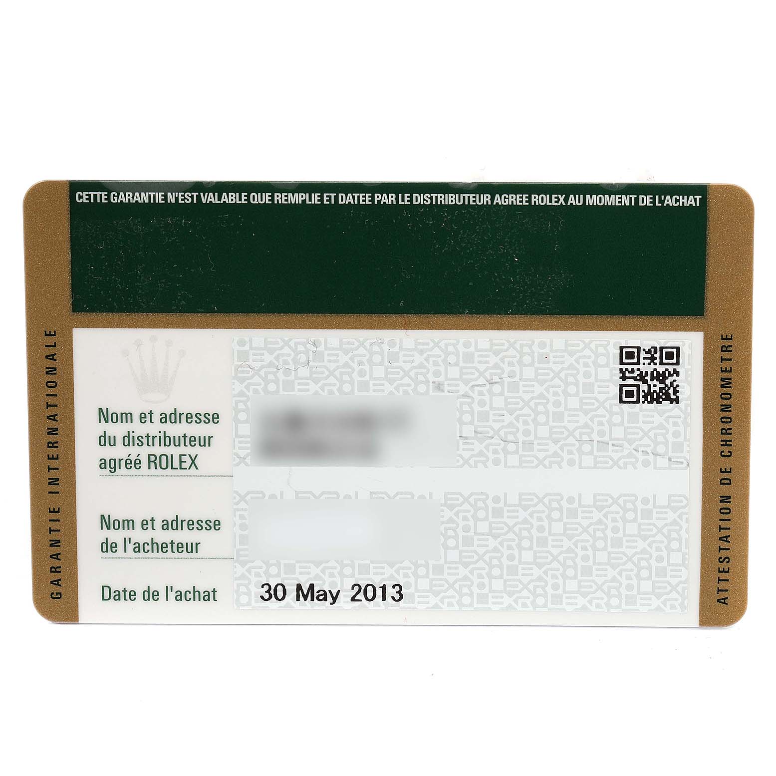 This image shows a warranty card for the Rolex Submariner 116610LV Men
s Stainless Steel Green Dial 116610LV Men
s Stainless Steel Green Dial, displaying the purchase date and distributor information.