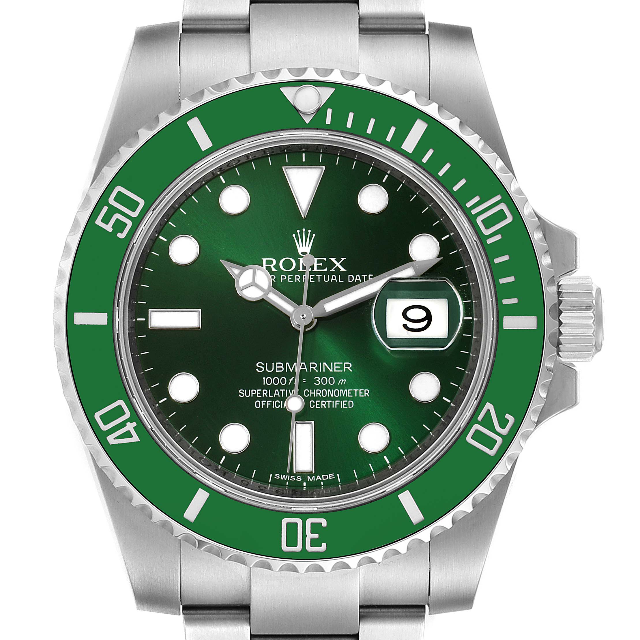 This image shows a front view of a Rolex Submariner 116610LV Men
s Stainless Steel Green Dial 116610LV Men
s Stainless Steel Green Dial watch, displaying the green dial, bezel, crown, and part of the bracelet.