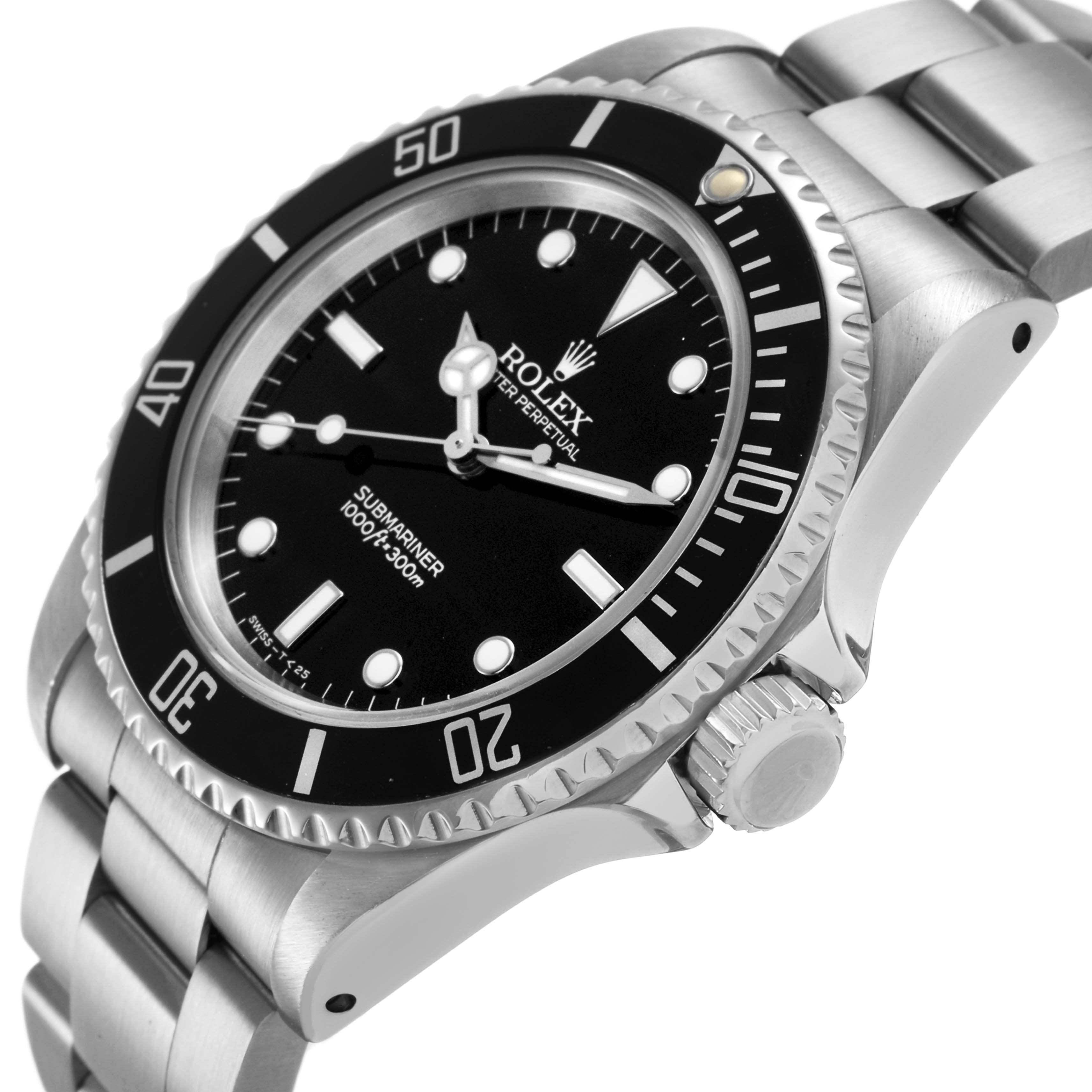 The Rolex Submariner 14060M Men's Stainless Steel Black Dial is shown at an angled side view, displaying the dial, bezel, case, and part of the bracelet.