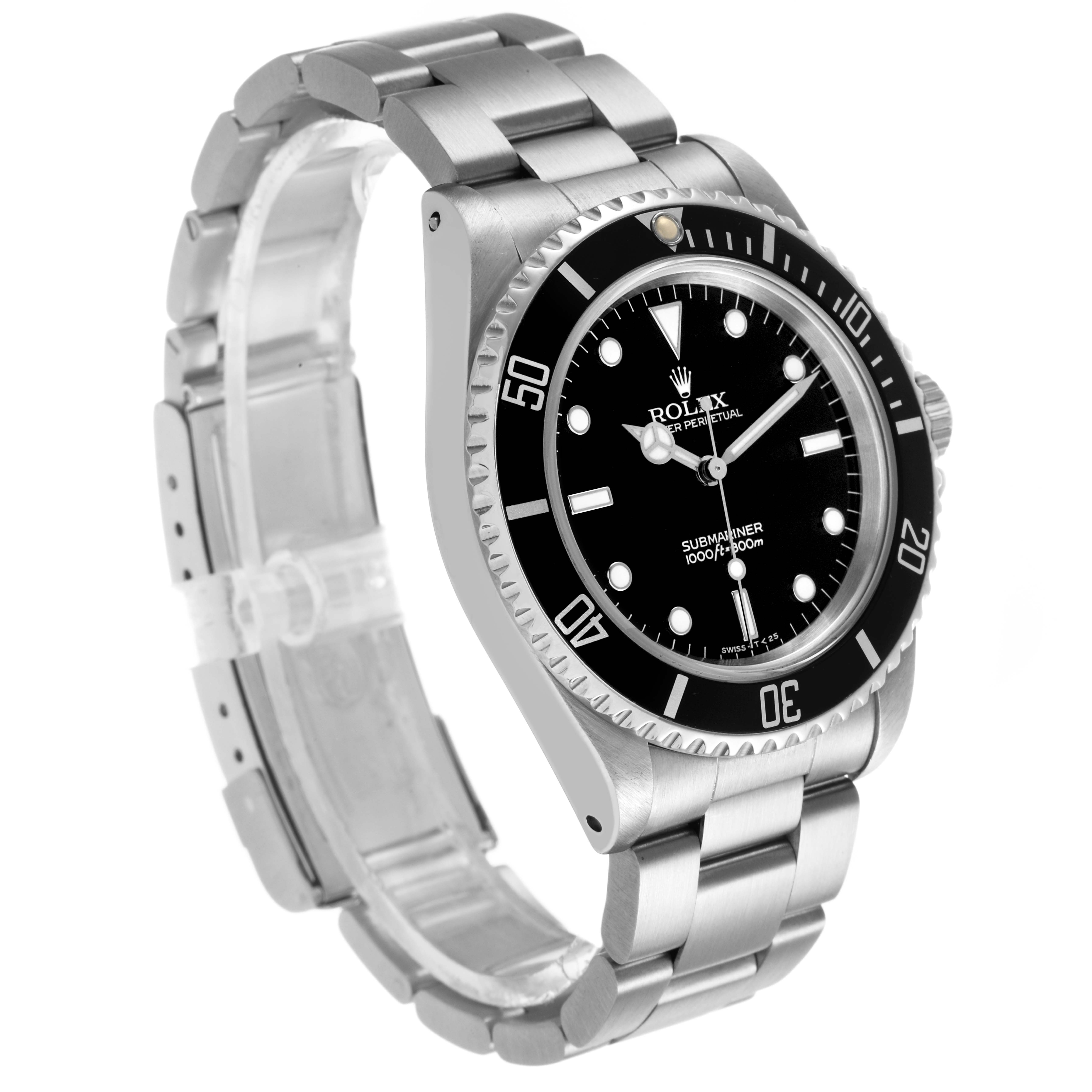 The Rolex Submariner 14060M Men's Stainless Steel Black Dial watch is shown at a three-quarter angle, highlighting the dial, bezel, case, and bracelet.