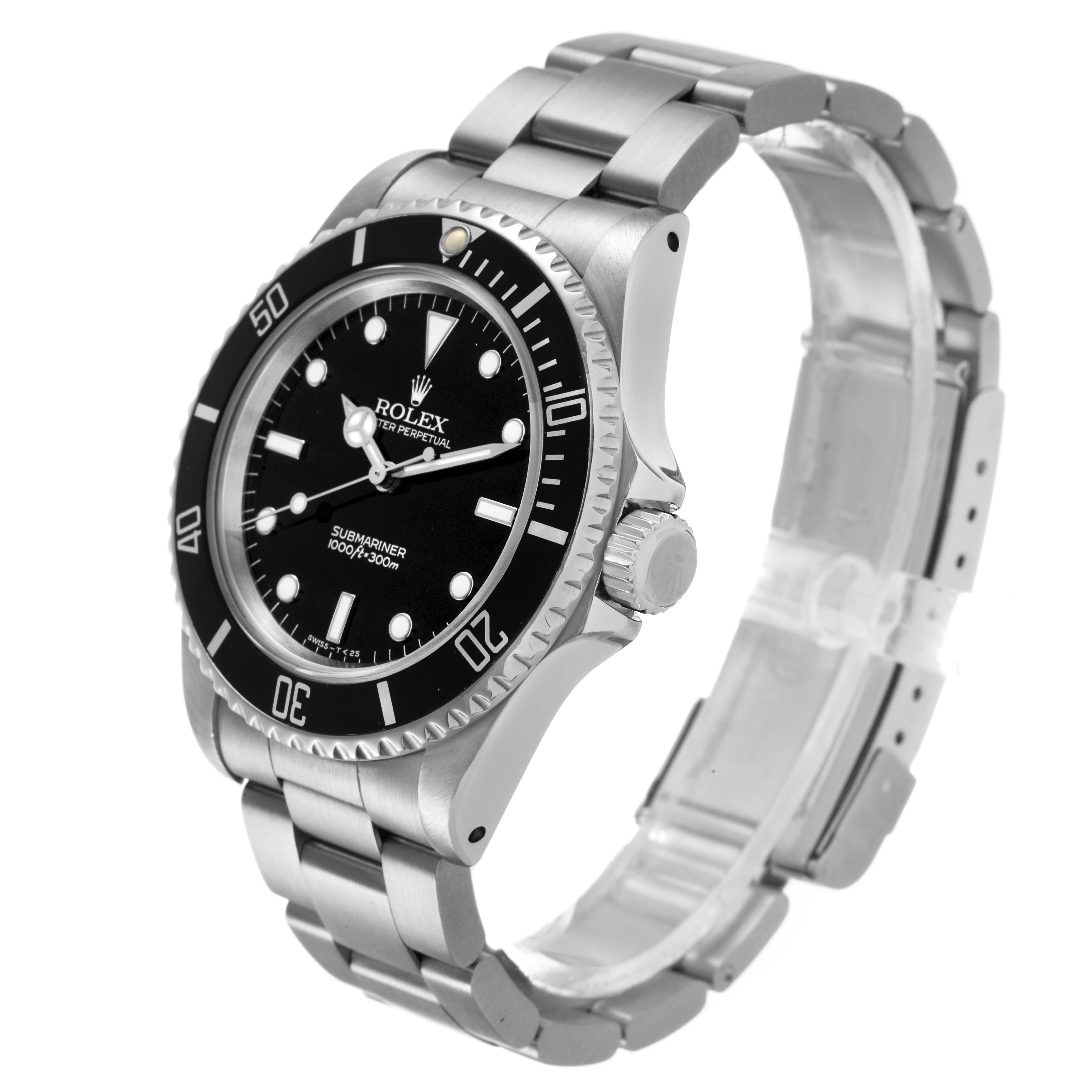 The Rolex Submariner 14060M Men's Stainless Steel Black Dial watch is shown at a side angle, highlighting the bezel, dial, crown, and bracelet.