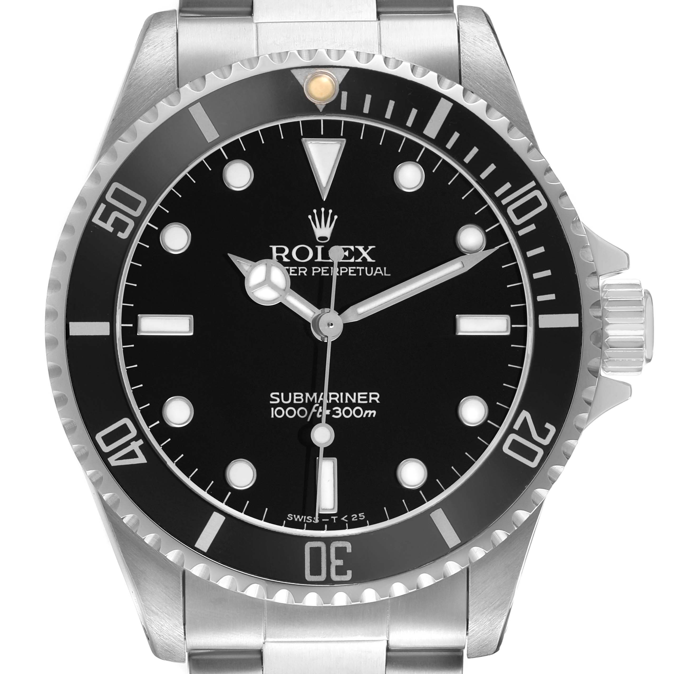 The image shows a front view of a Rolex Submariner 14060M Men's Stainless Steel Black Dial, highlighting the bezel, dial, and crown.