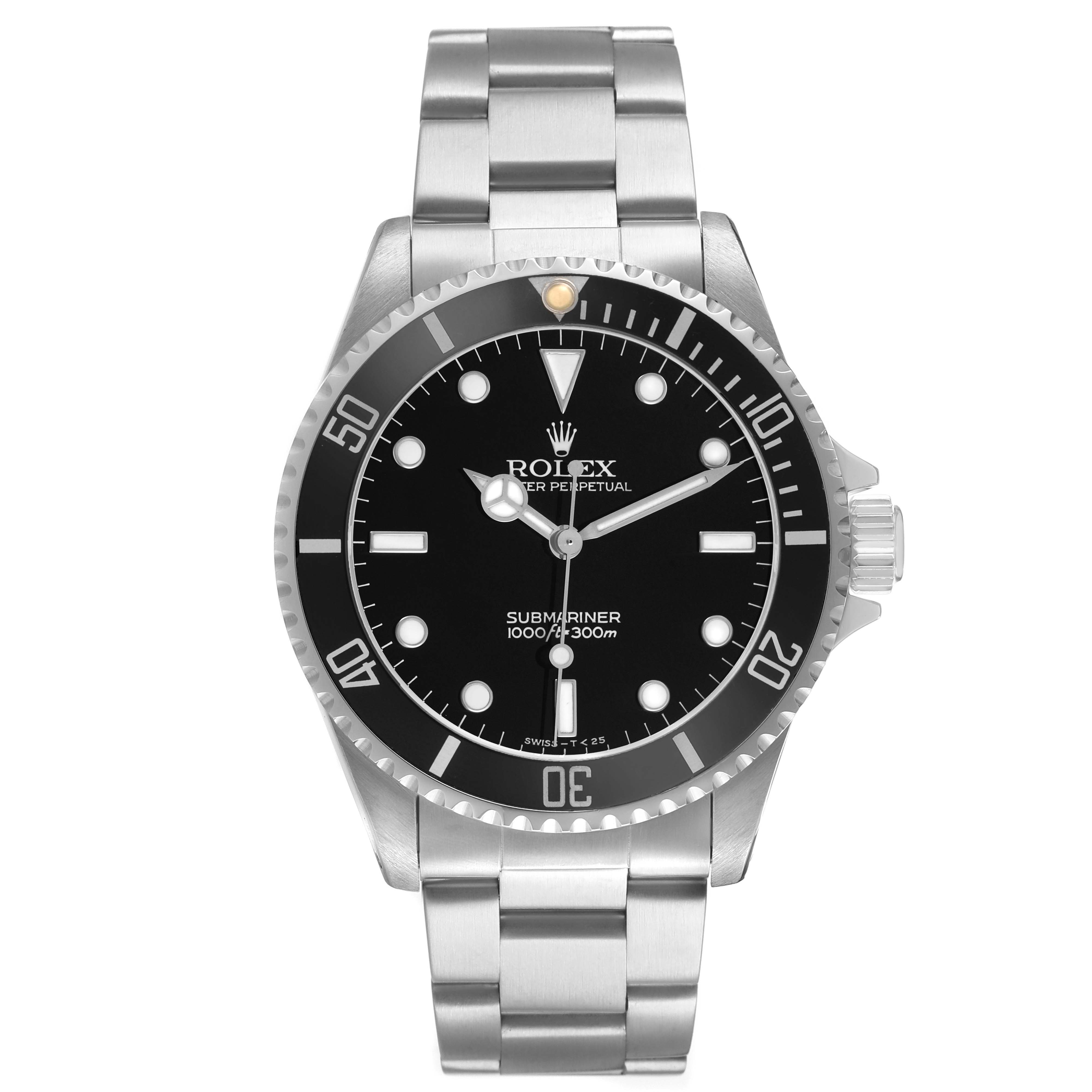 The Rolex Submariner 14060M Men's Stainless Steel Black Dial watch is shown from a front angle, highlighting its bezel, face, and bracelet.