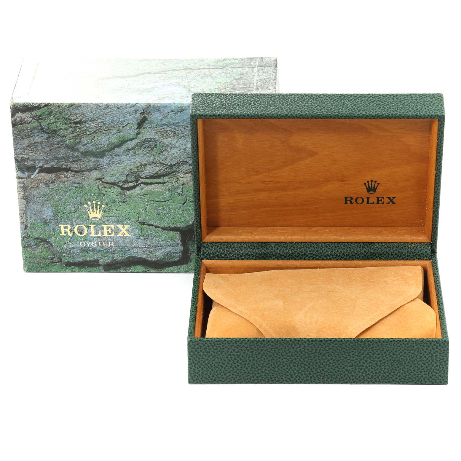 The image shows an opened green box with a wooden interior and leather pouch, and an outer box, both branded as Rolex.