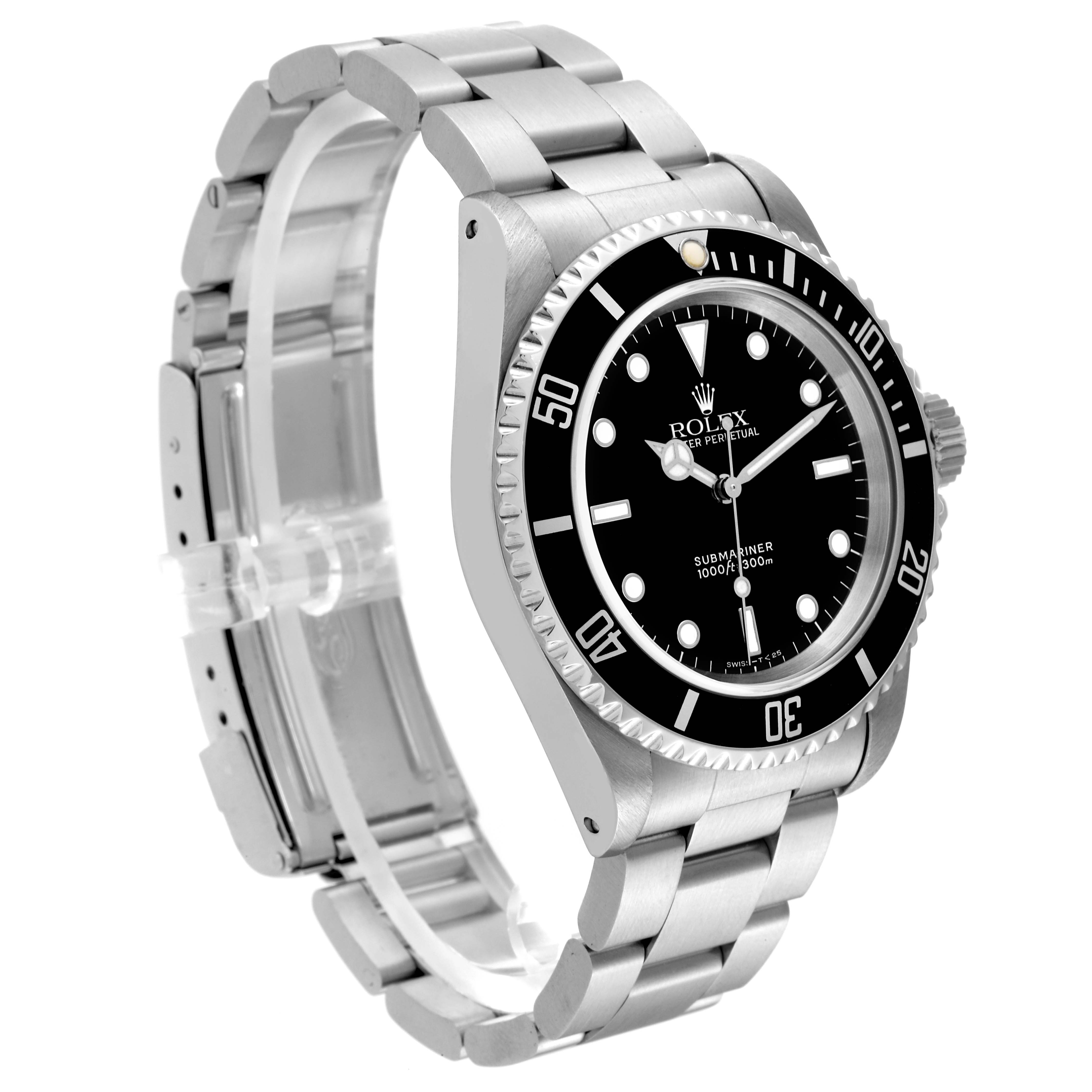 This Rolex Submariner 14060 Men
s Stainless Steel Black Dial 14060 Men
s Stainless Steel Black Dial watch is shown at a three-quarter angle, displaying the bracelet, bezel, and crown.