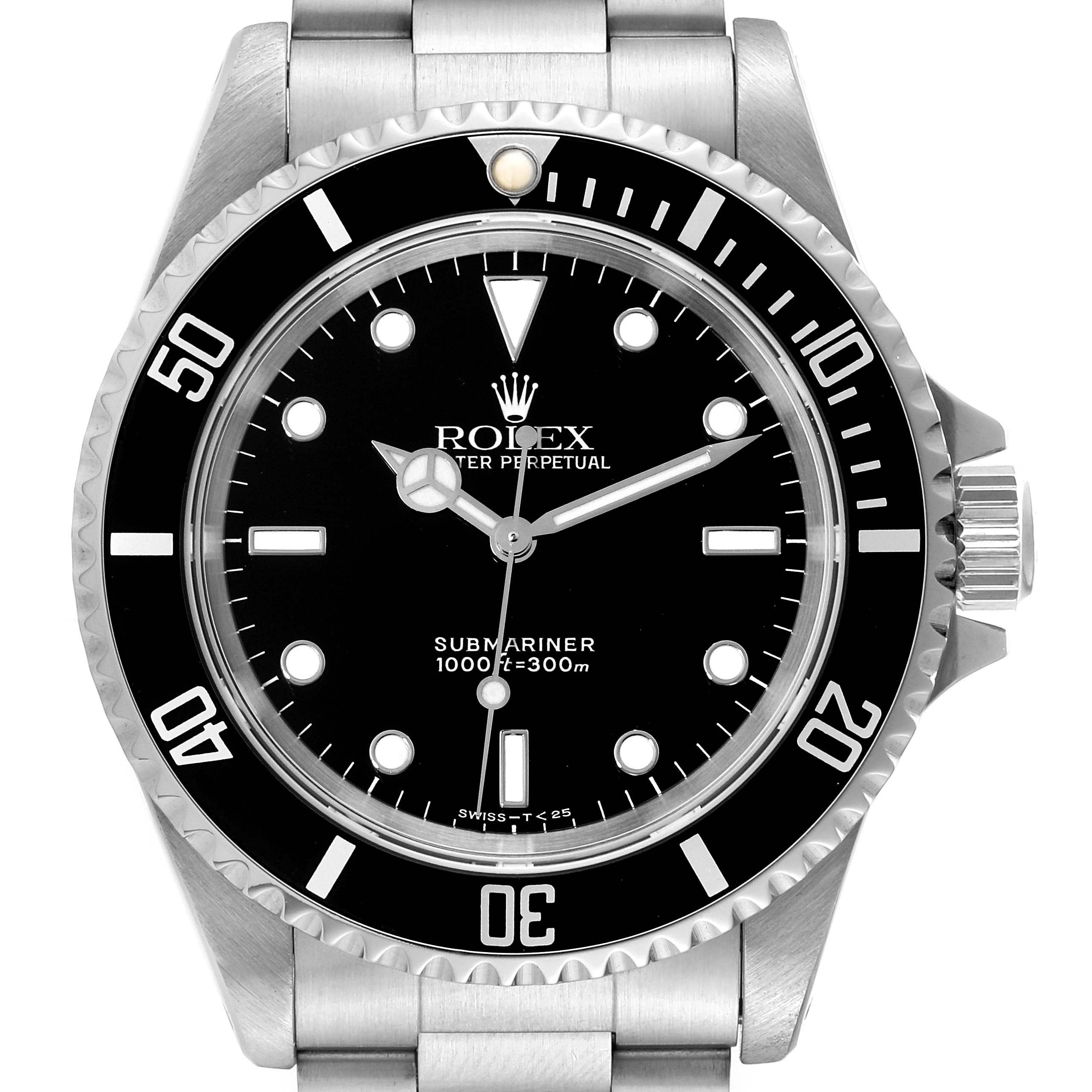This image shows a front view of a Rolex Submariner 14060 Men
s Stainless Steel Black Dial 14060 Men
s Stainless Steel Black Dial watch, highlighting its black dial, bezel, and stainless steel bracelet.