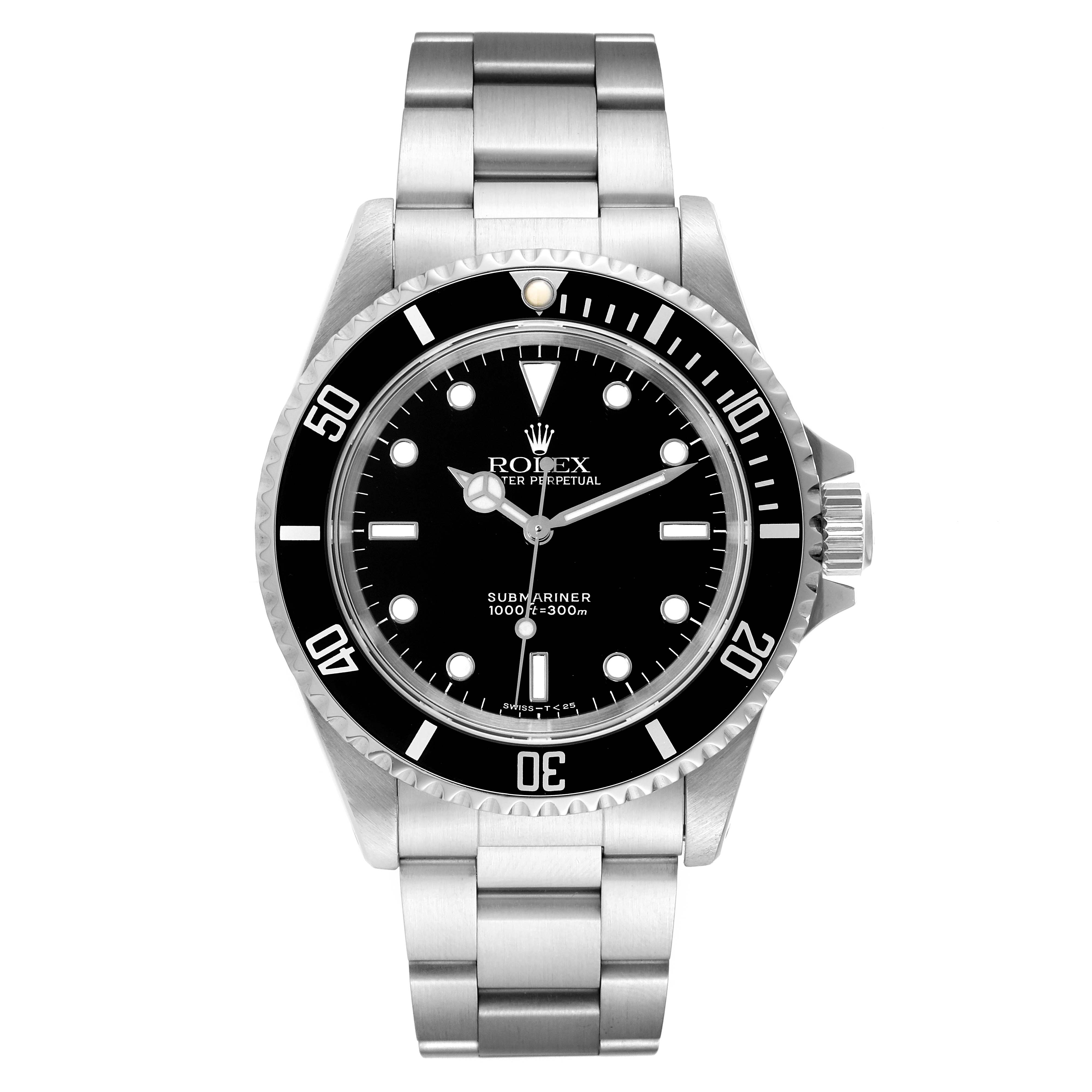 This is a frontal view of the Rolex Submariner 14060 Men
s Stainless Steel Black Dial 14060 Men
s Stainless Steel Black Dial watch, showing the dial, bezel, and stainless steel bracelet.