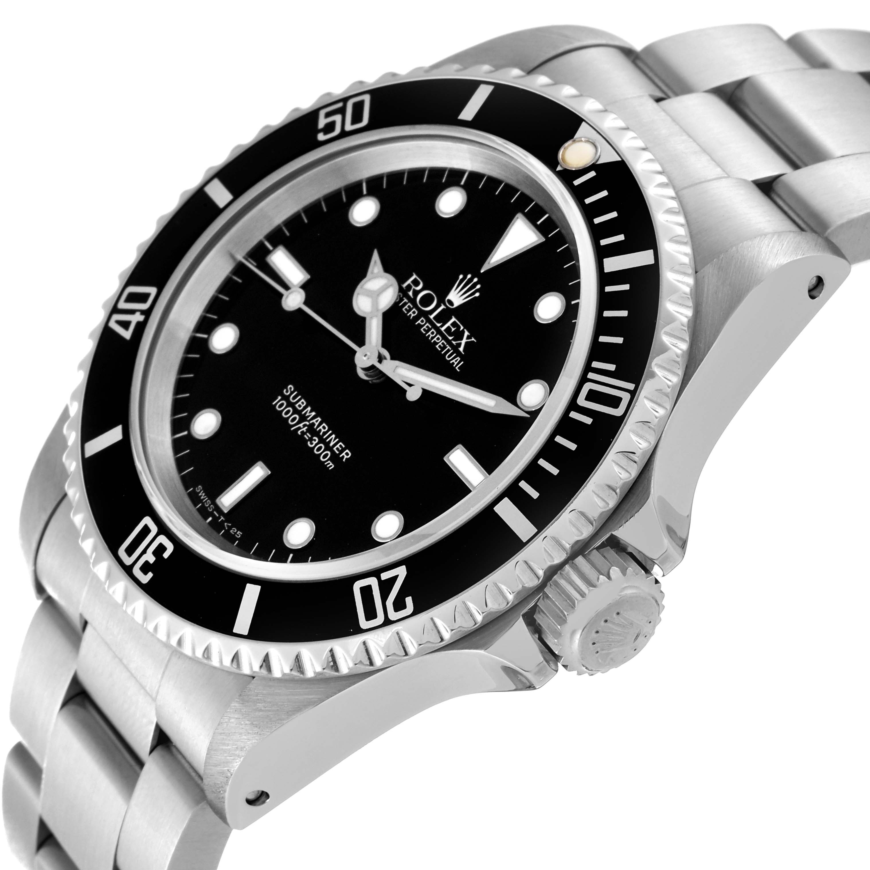 The image shows a close-up angle of the Rolex Submariner 14060 Men
s Stainless Steel Black Dial 14060 Men
s Stainless Steel Black Dial watch, highlighting the face, bezel, and part of the bracelet.