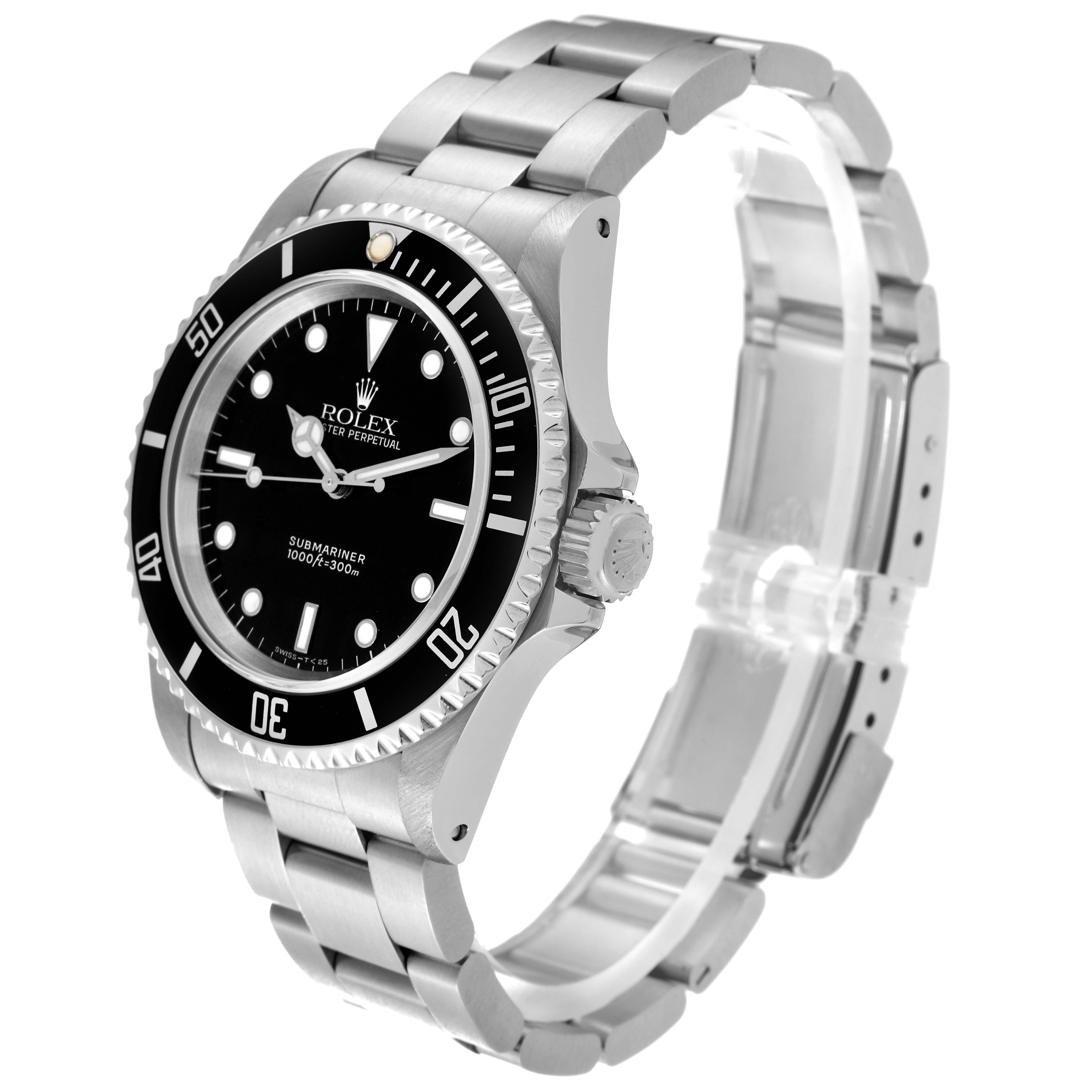 The image shows a side angle of the Rolex Submariner 14060 Men
s Stainless Steel Black Dial 14060 Men
s Stainless Steel Black Dial watch, highlighting the dial, bezel, crown, and stainless steel bracelet.