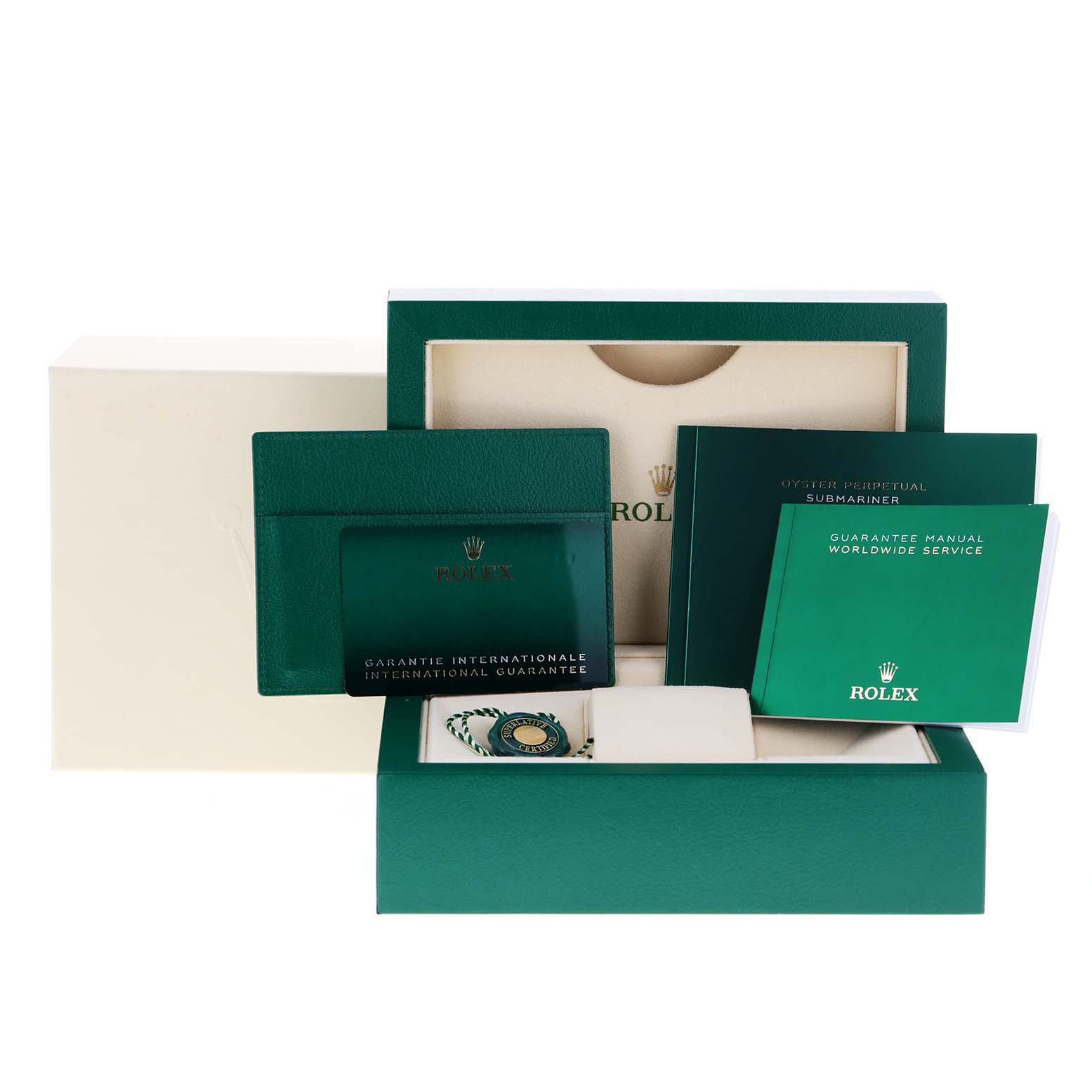 The image shows the packaging, warranty card, manual, and tags for a Rolex Submariner 124060 Men
s Stainless Steel Black Dial 124060 Men
s Stainless Steel Black Dial watch.
