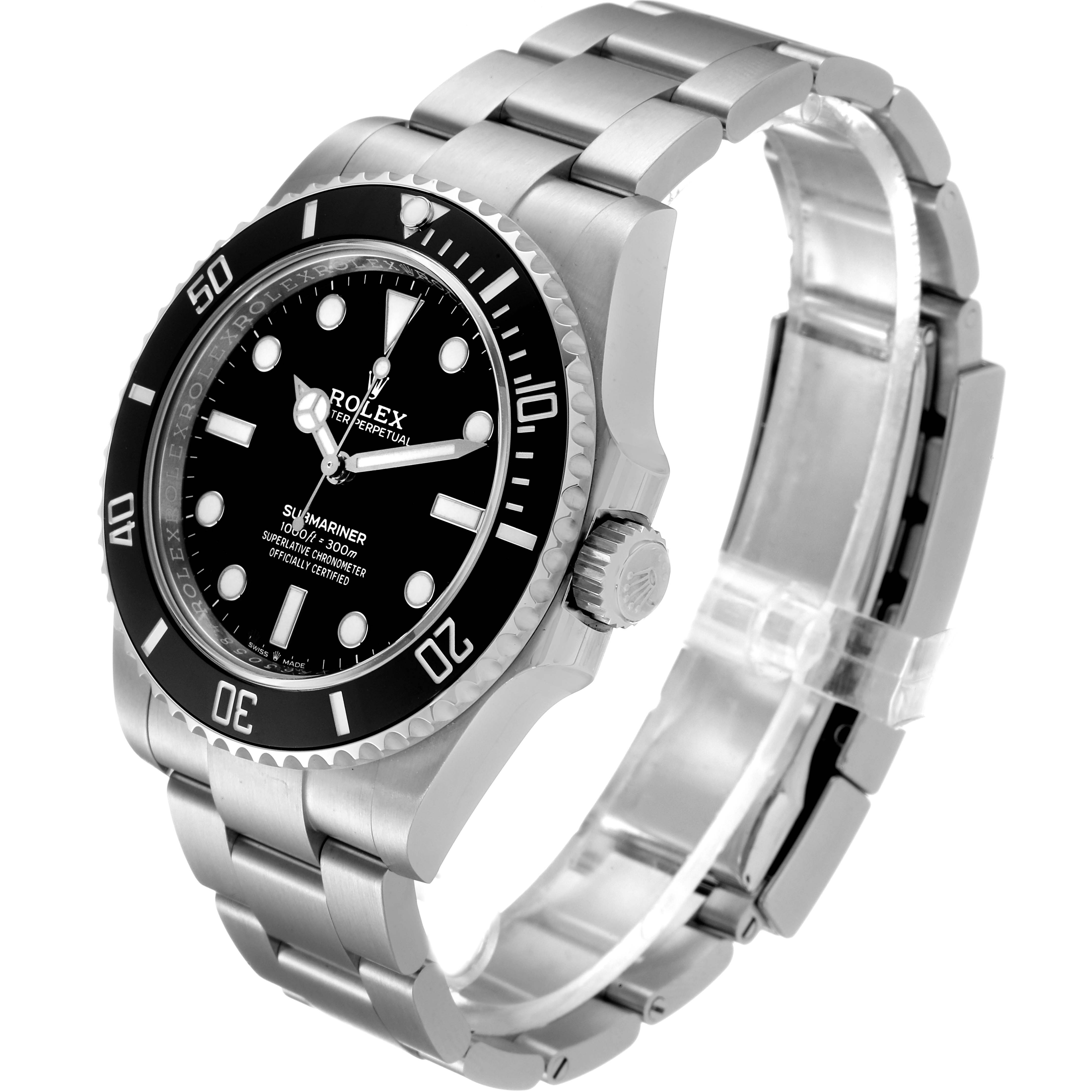 The Rolex Submariner 124060 Men
s Stainless Steel Black Dial 124060 Men
s Stainless Steel Black Dial watch is shown from an angled side view highlighting the bezel, dial, crown, and bracelet.