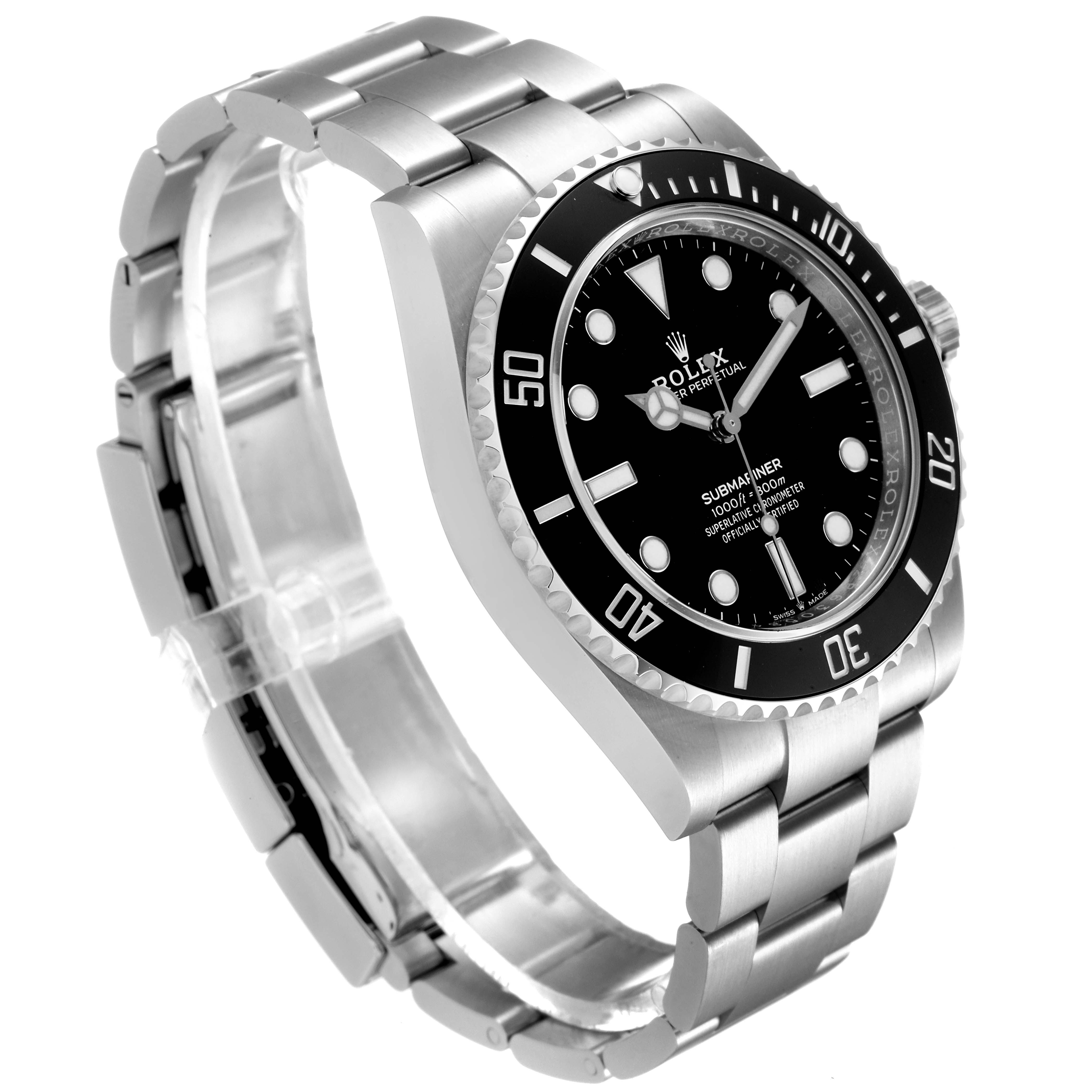 This image shows a side angle of a Rolex Submariner 124060 Men
s Stainless Steel Black Dial 124060 Men
s Stainless Steel Black Dial watch, displaying its bracelet, bezel, and dial with hour markers.