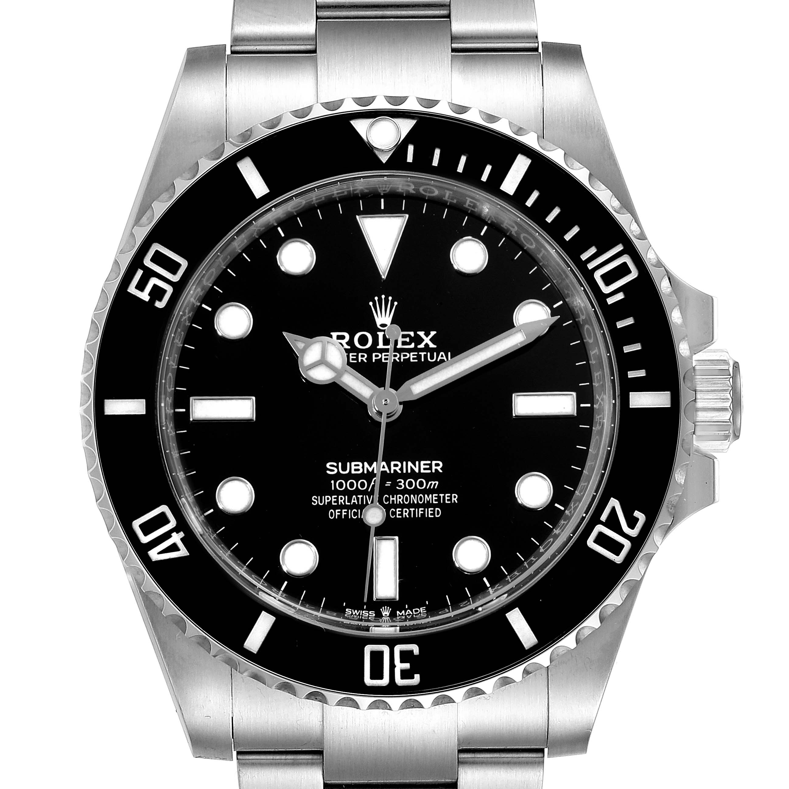 This image shows a front view of the Rolex Submariner 124060 Men
s Stainless Steel Black Dial 124060 Men
s Stainless Steel Black Dial, highlighting the dial, bezel, and bracelet.