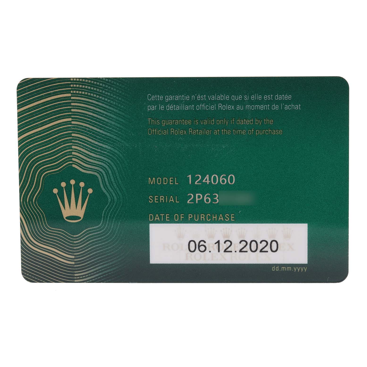 This is a warranty card for the Rolex Submariner 124060 Men
s Stainless Steel Black Dial 124060 Men
s Stainless Steel Black Dial model 124060, showing the serial number and the date of purchase.