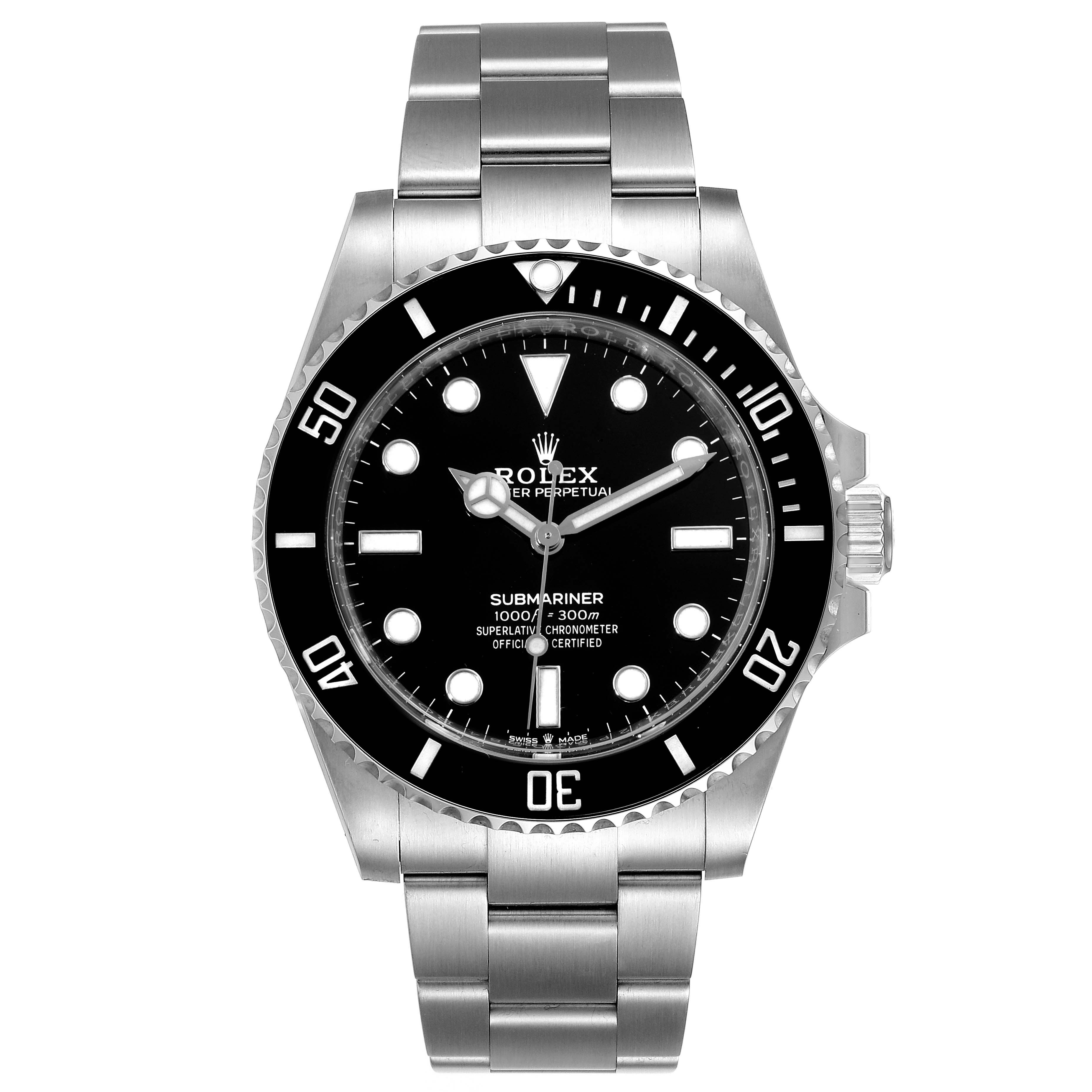 This image shows a front view of the Rolex Submariner 124060 Men
s Stainless Steel Black Dial 124060 Men
s Stainless Steel Black Dial watch, highlighting its black dial, bezel, and stainless steel bracelet.