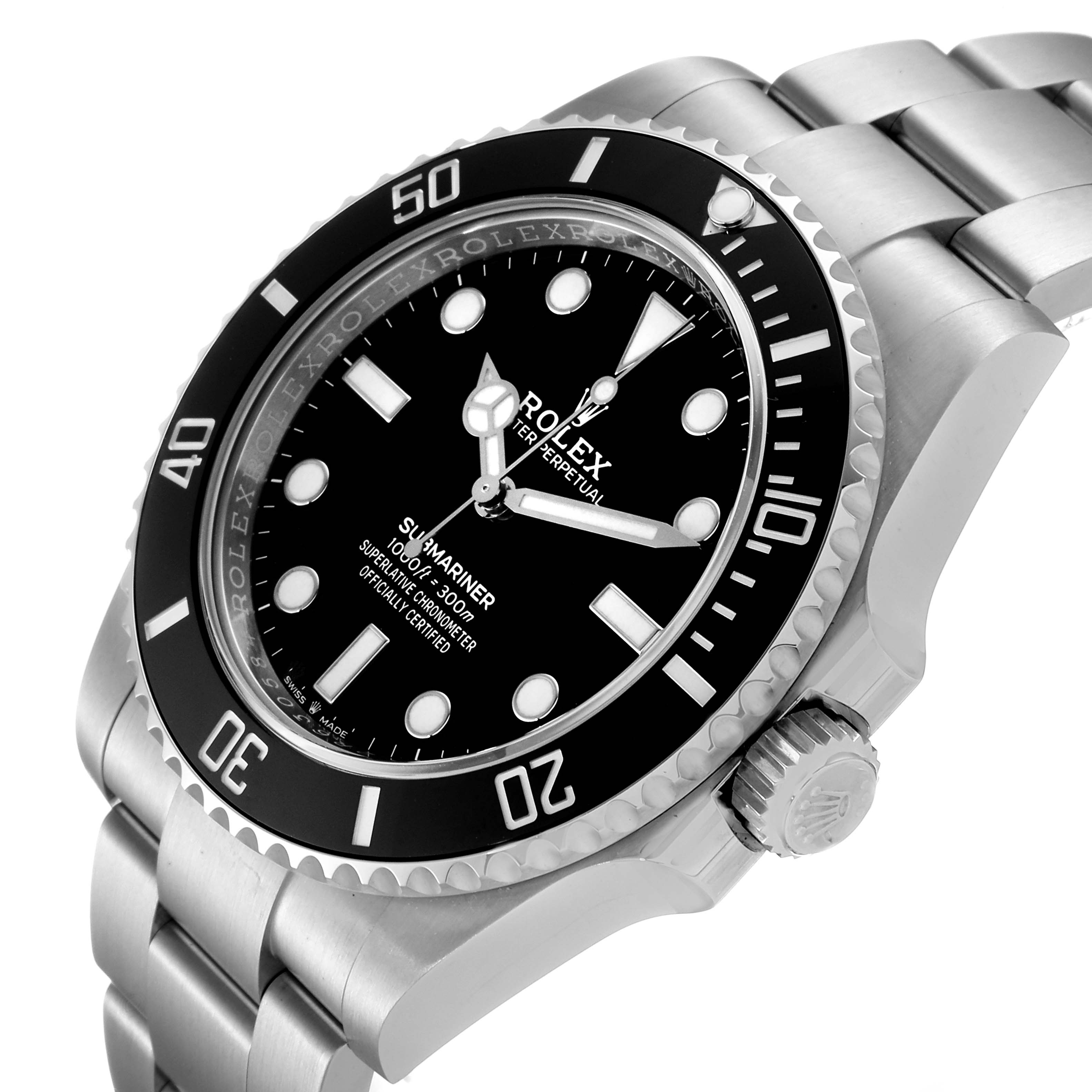 The image shows a Rolex Submariner 124060 Men
s Stainless Steel Black Dial 124060 Men
s Stainless Steel Black Dial watch from an angled side view, highlighting the bezel, crown, and bracelet.