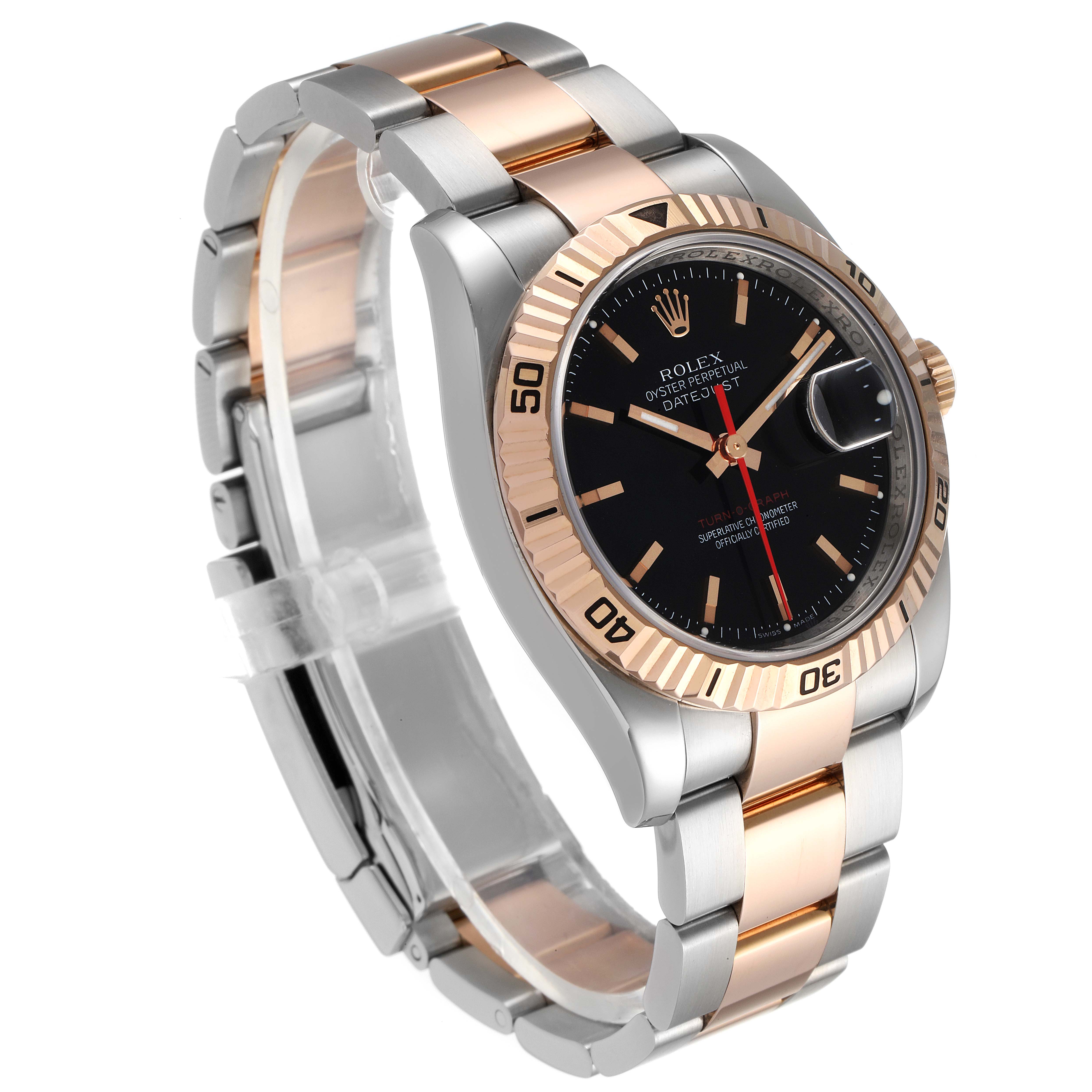 This image showcases a Rolex Turn-o-Graph 116261 Men
s Steel and Gold (two tone) Black Dial 116261 Men
s Steel and Gold (two tone) Black Dial watch at a three-quarter angle, highlighting its bracelet, bezel, dial, and crown.