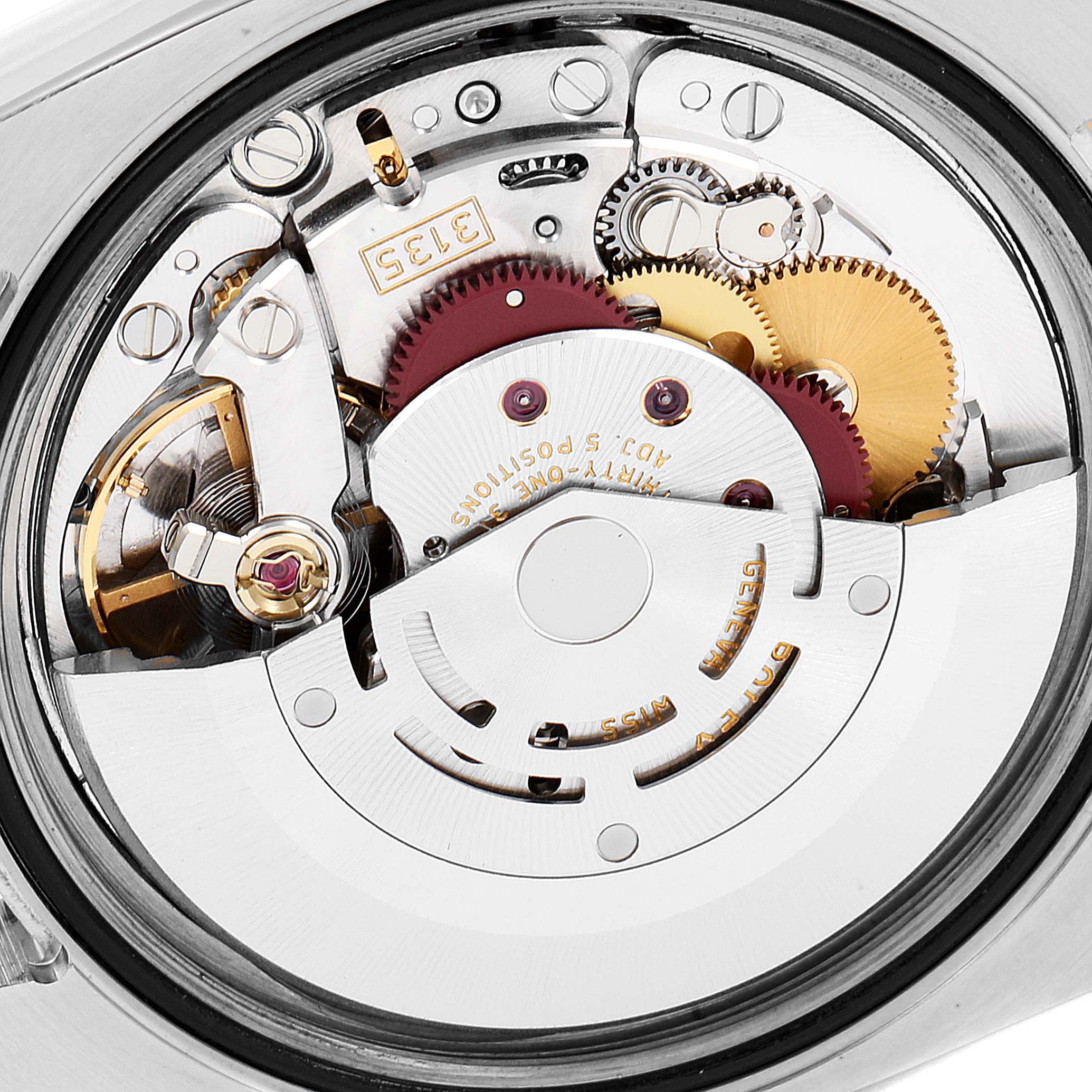 This image shows a close-up view of the internal mechanism of a Rolex Turn-o-Graph 116261 Men
s Steel and Gold (two tone) Black Dial 116261 Men
s Steel and Gold (two tone) Black Dial watch.