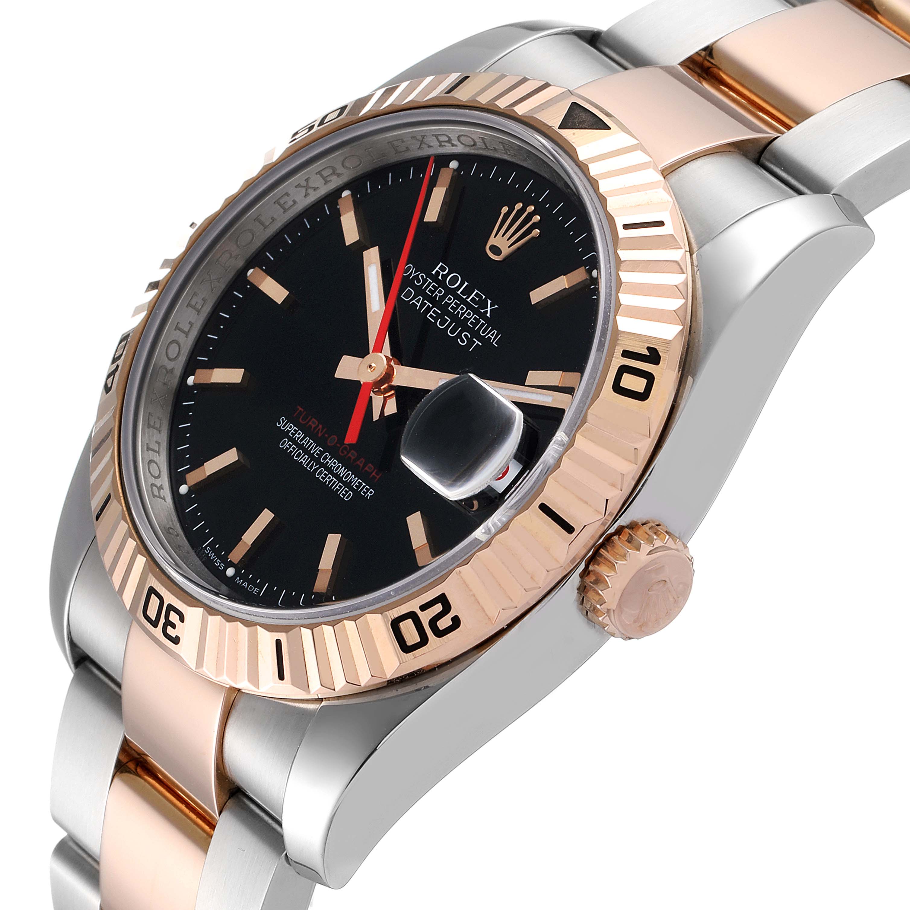 The image shows a side angle of a Rolex Turn-o-Graph 116261 Men
s Steel and Gold (two tone) Black Dial 116261 Men
s Steel and Gold (two tone) Black Dial watch, highlighting the bezel, crown, and part of the bracelet.