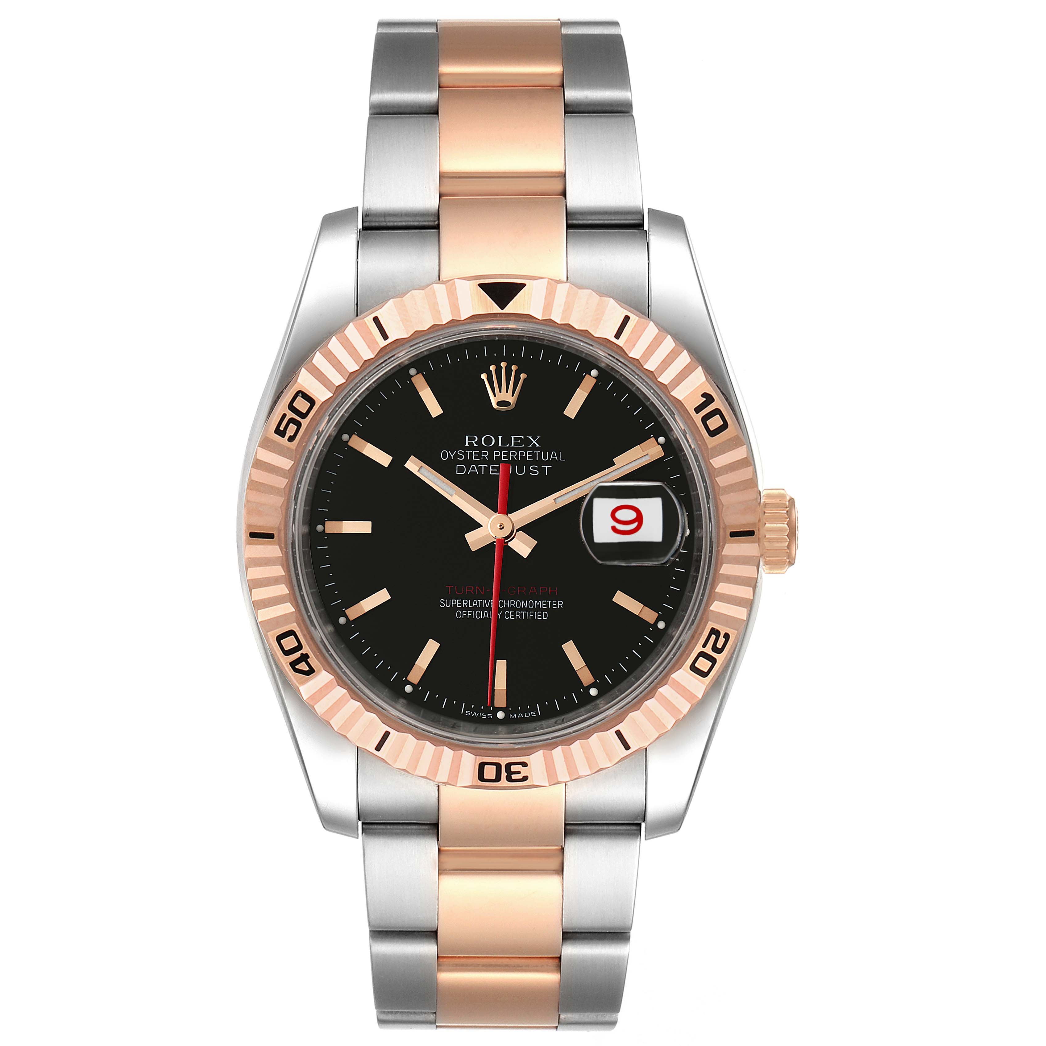 The image shows the front view of a Rolex Turn-o-Graph 116261 Men
s Steel and Gold (two tone) Black Dial 116261 Men
s Steel and Gold (two tone) Black Dial watch, highlighting its dual-tone bracelet, black dial, and date feature.
