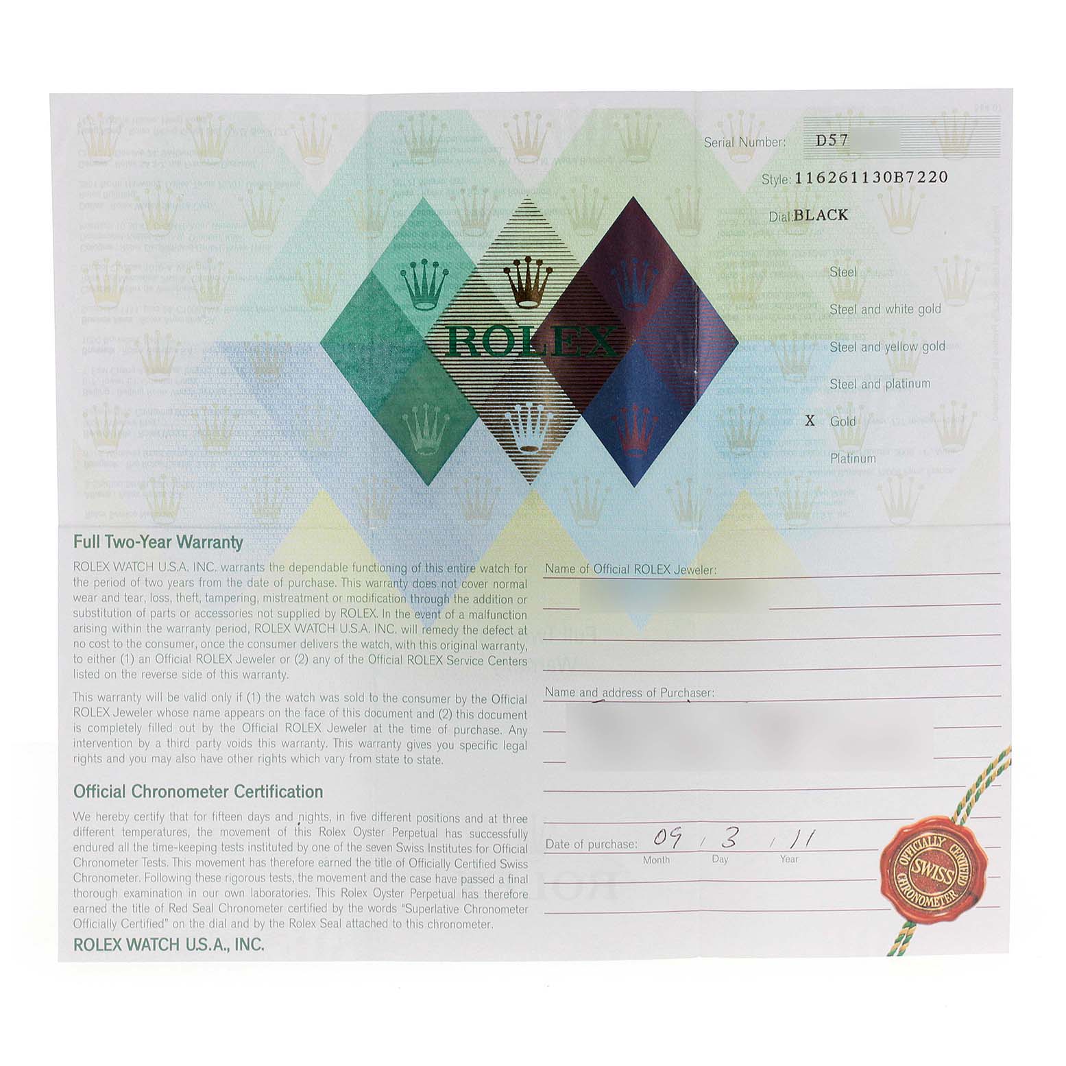 This is a warranty card for the Turn-o-Graph model by Rolex, displaying purchase details and official certification.