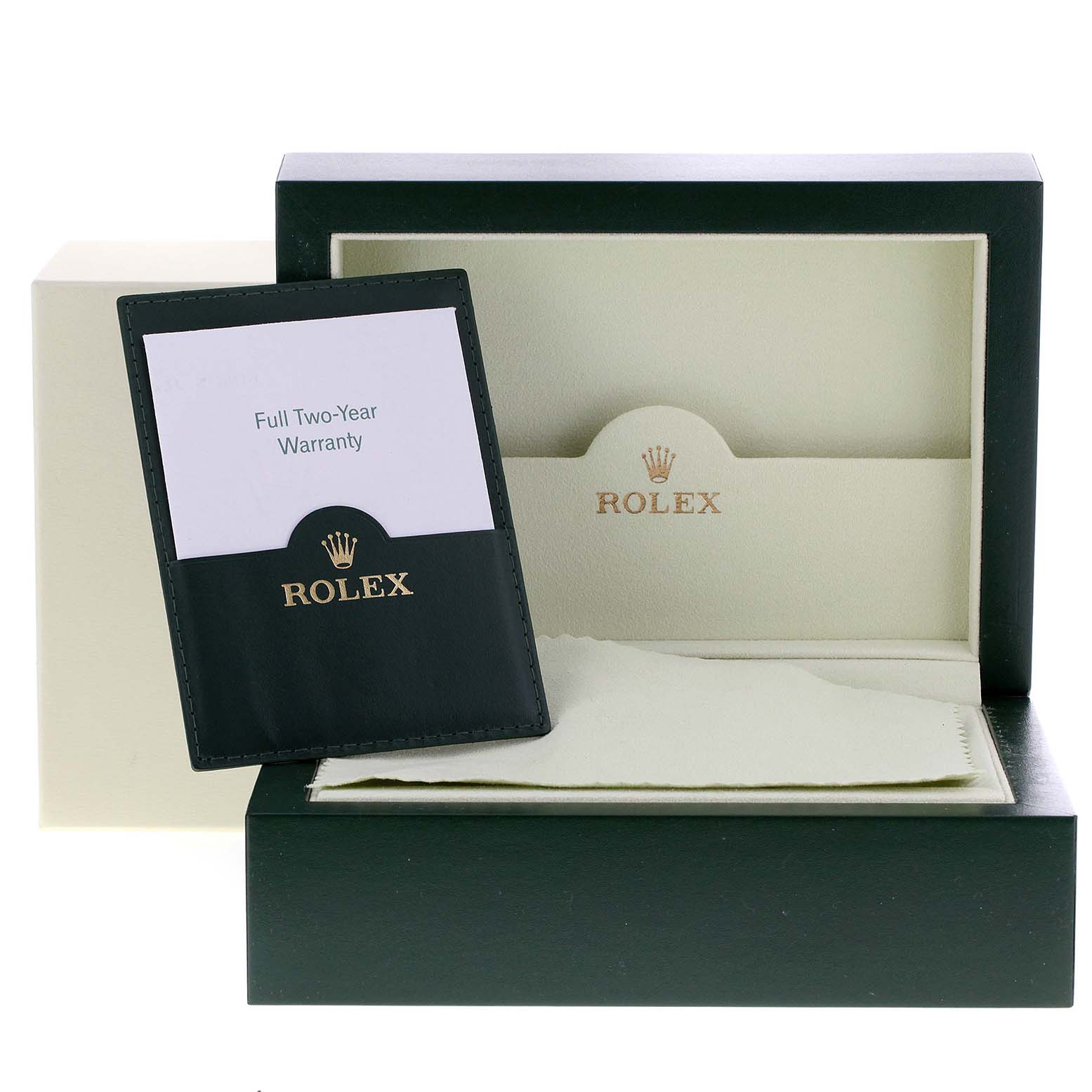 The image shows the packaging, warranty card, and cloth for a Rolex Turn-o-Graph 116261 Men
s Steel and Gold (two tone) Black Dial 116261 Men
s Steel and Gold (two tone) Black Dial watch.