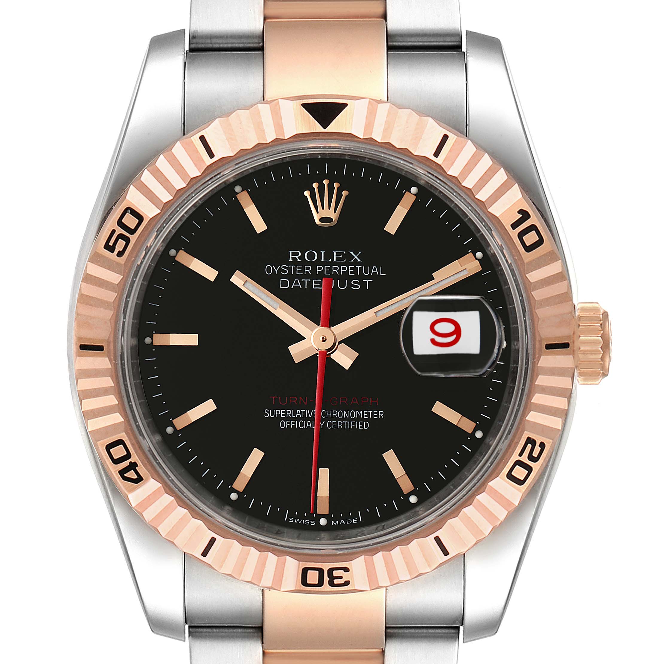 The image shows a front view of the Rolex Turn-o-Graph 116261 Men
s Steel and Gold (two tone) Black Dial 116261 Men
s Steel and Gold (two tone) Black Dial watch, highlighting the dial, bezel, and part of the bracelet.