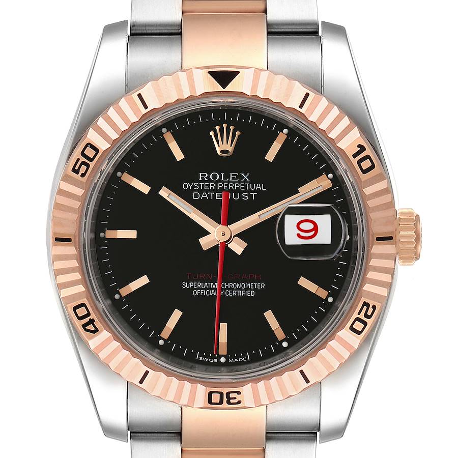 Rolex Turnograph Datejust Steel Rose Gold Black Dial Watch 116261 Box Papers SwissWatchExpo