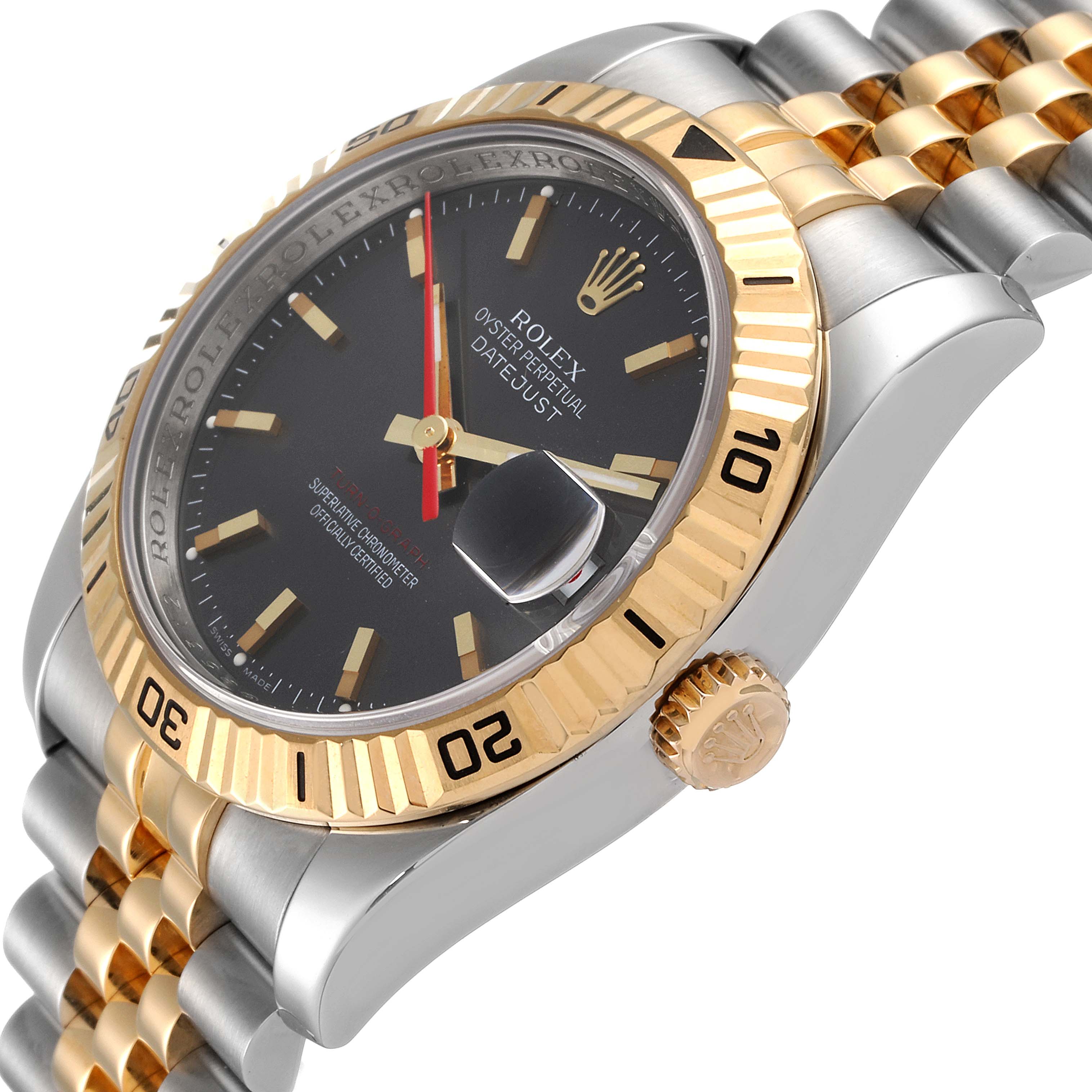 The image shows a close-up angled view of the Rolex Turn-o-Graph 116263 Men
s Steel and Gold (two tone) Grey Dial 116263 Men
s Steel and Gold (two tone) Grey Dial watch
s bezel, dial, crown, and bracelet.