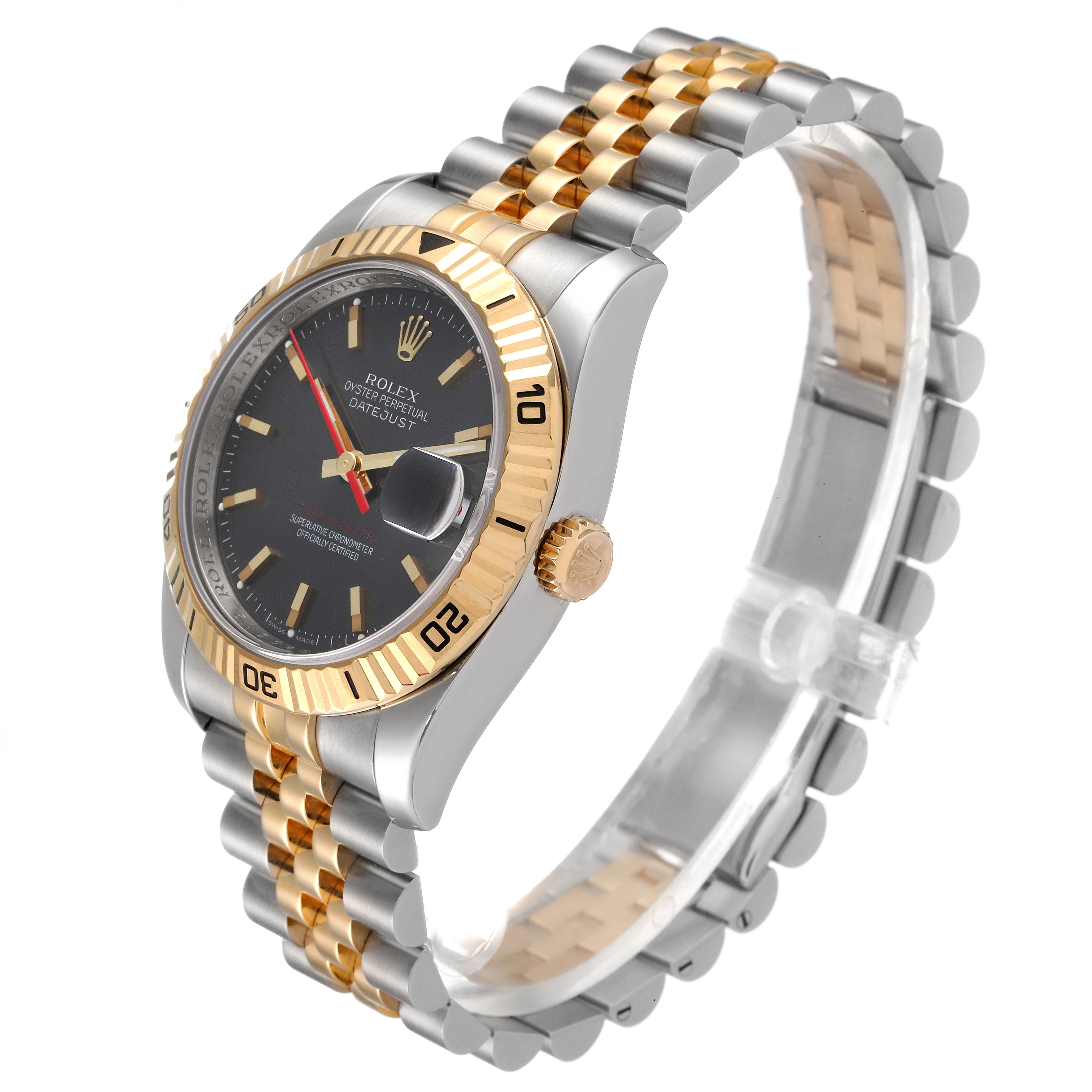 This image shows a side and partial front view of the Rolex Turn-o-Graph 116263 Men
s Steel and Gold (two tone) Grey Dial 116263 Men
s Steel and Gold (two tone) Grey Dial watch, highlighting its bezel, dial, crown, and bracelet.