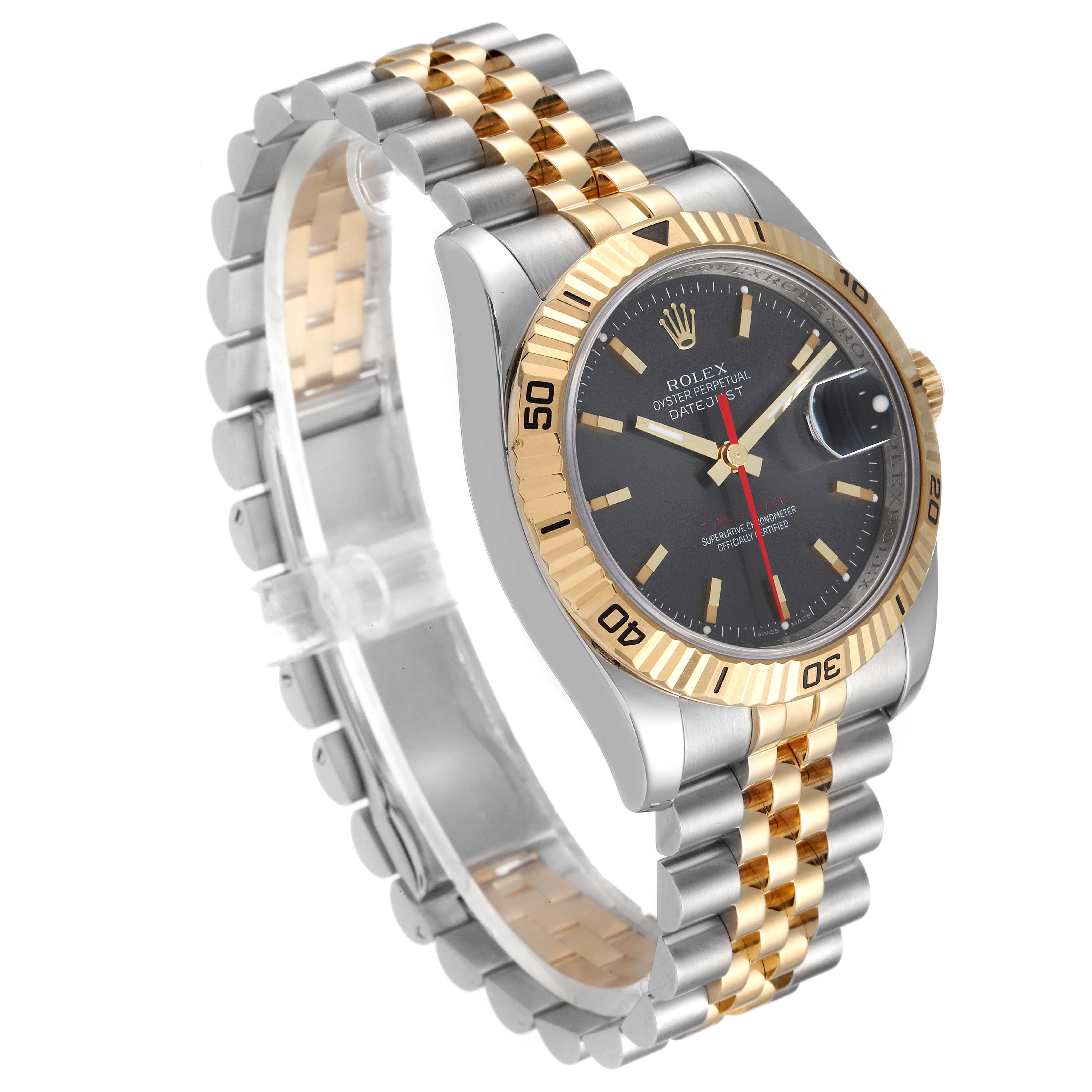 The image shows a Rolex Turn-o-Graph 116263 Men
s Steel and Gold (two tone) Grey Dial 116263 Men
s Steel and Gold (two tone) Grey Dial watch at a three-quarter angle, highlighting its two-tone bracelet, bezel, and dark dial.