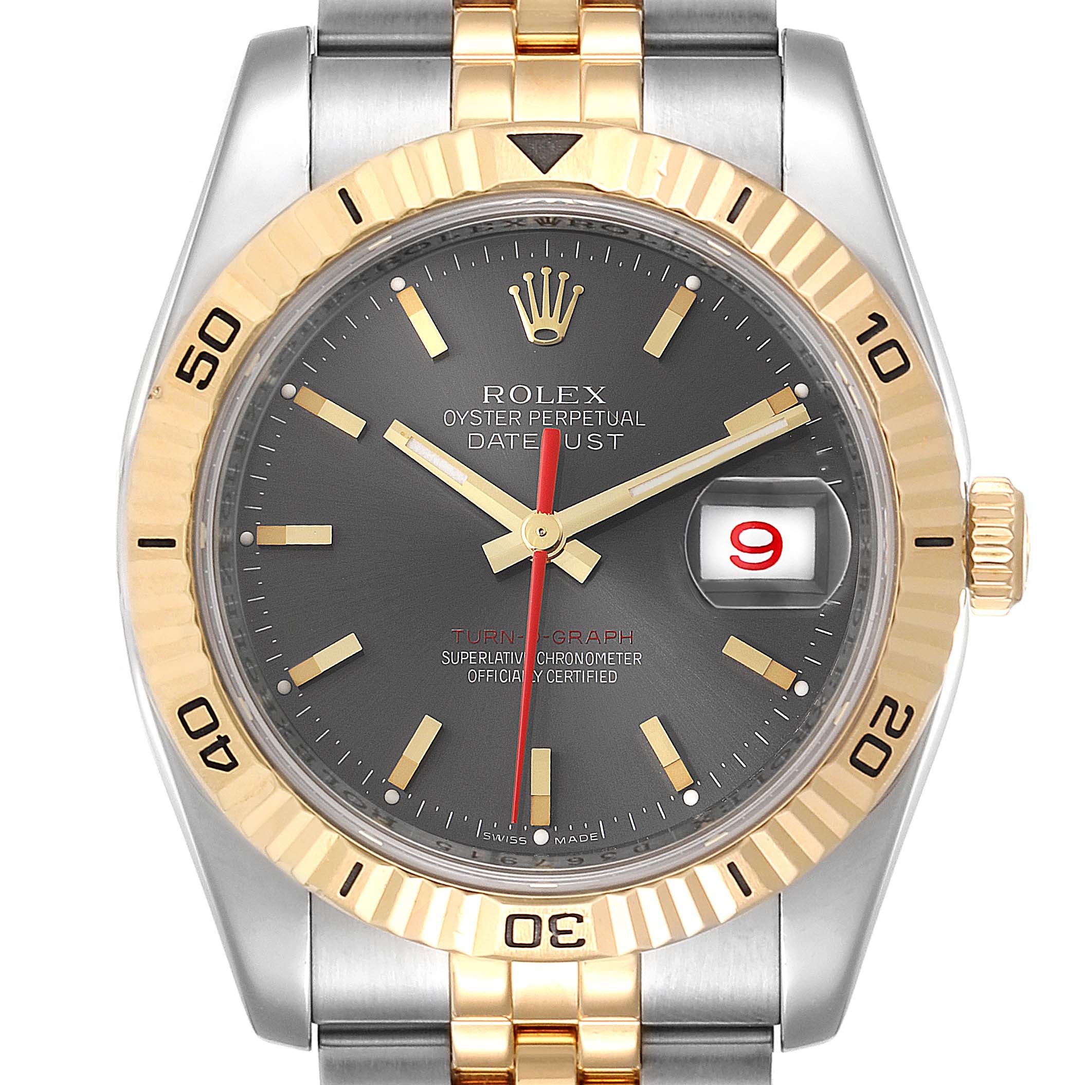 The image shows a front view of the Rolex Turn-o-Graph 116263 Men
s Steel and Gold (two tone) Grey Dial 116263 Men
s Steel and Gold (two tone) Grey Dial watch, featuring a black dial, gold bezel, and date indicator.