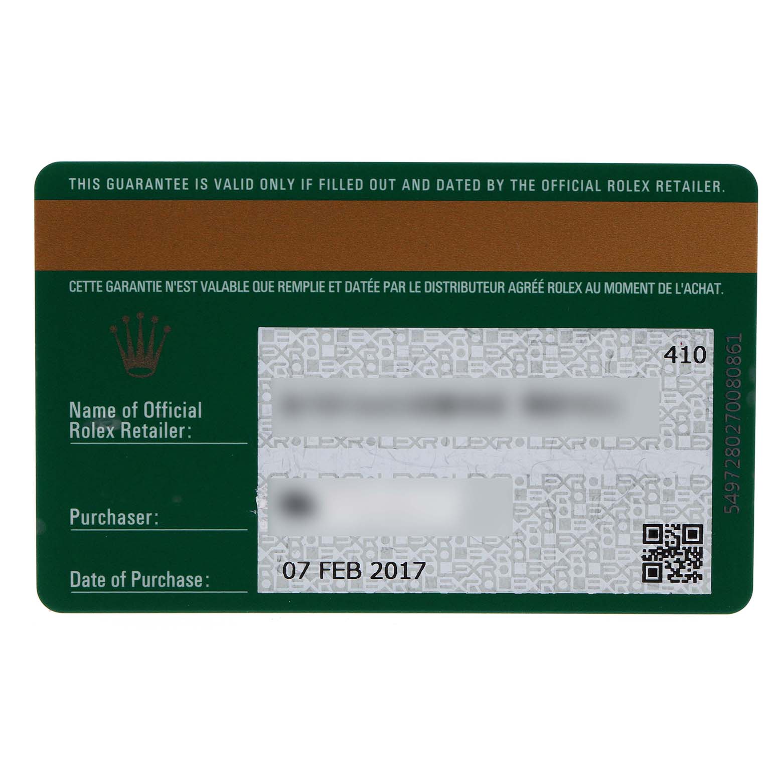 This image shows the warranty card for the Rolex Turn-o-Graph 116263 Men
s Steel and Gold (two tone) Grey Dial 116263 Men
s Steel and Gold (two tone) Grey Dial model, including information about the retailer, purchaser, and purchase date.