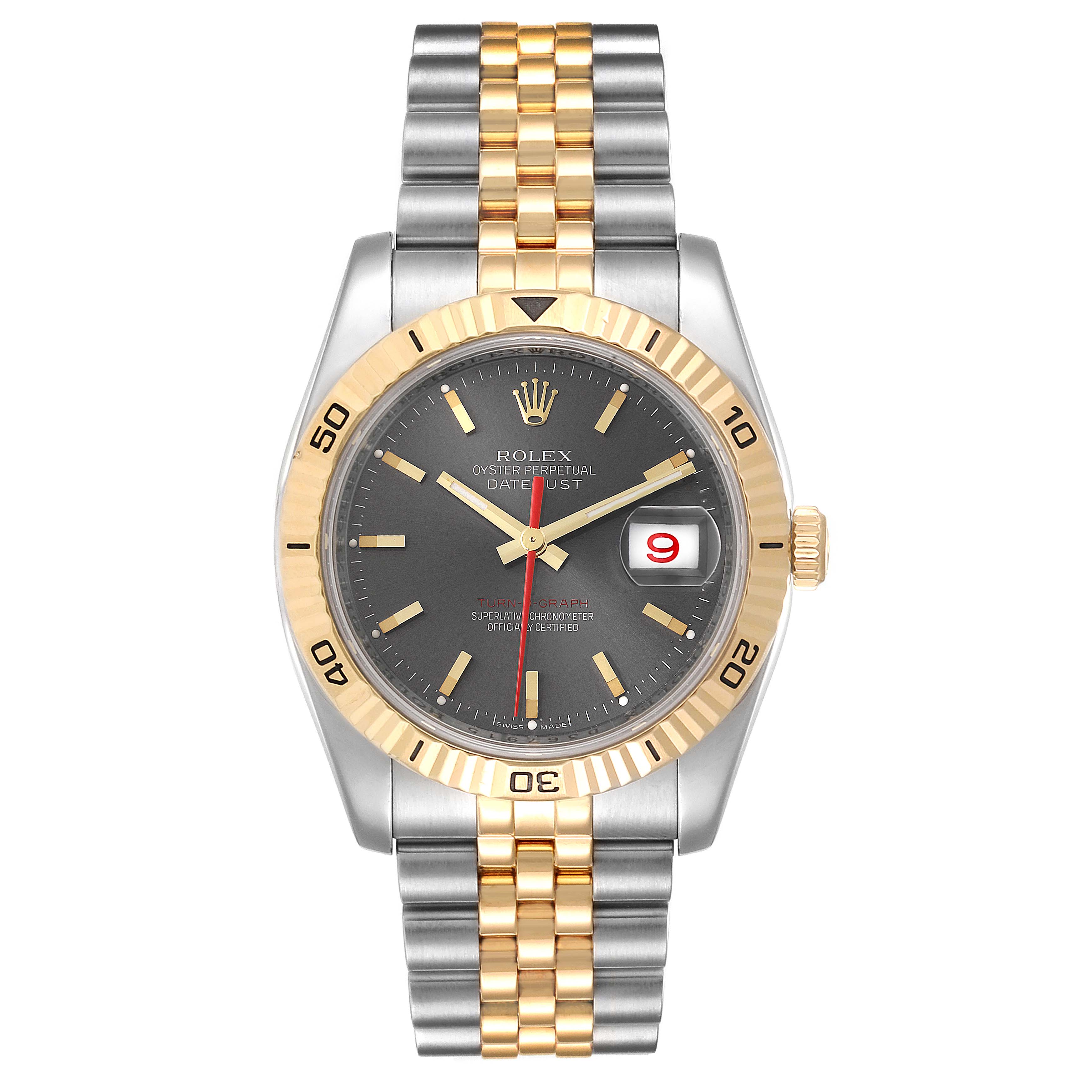 The Rolex Turn-o-Graph 116263 Men
s Steel and Gold (two tone) Grey Dial 116263 Men
s Steel and Gold (two tone) Grey Dial watch is shown from a front angle, displaying its gold bezel, two-tone bracelet, and black dial with date.