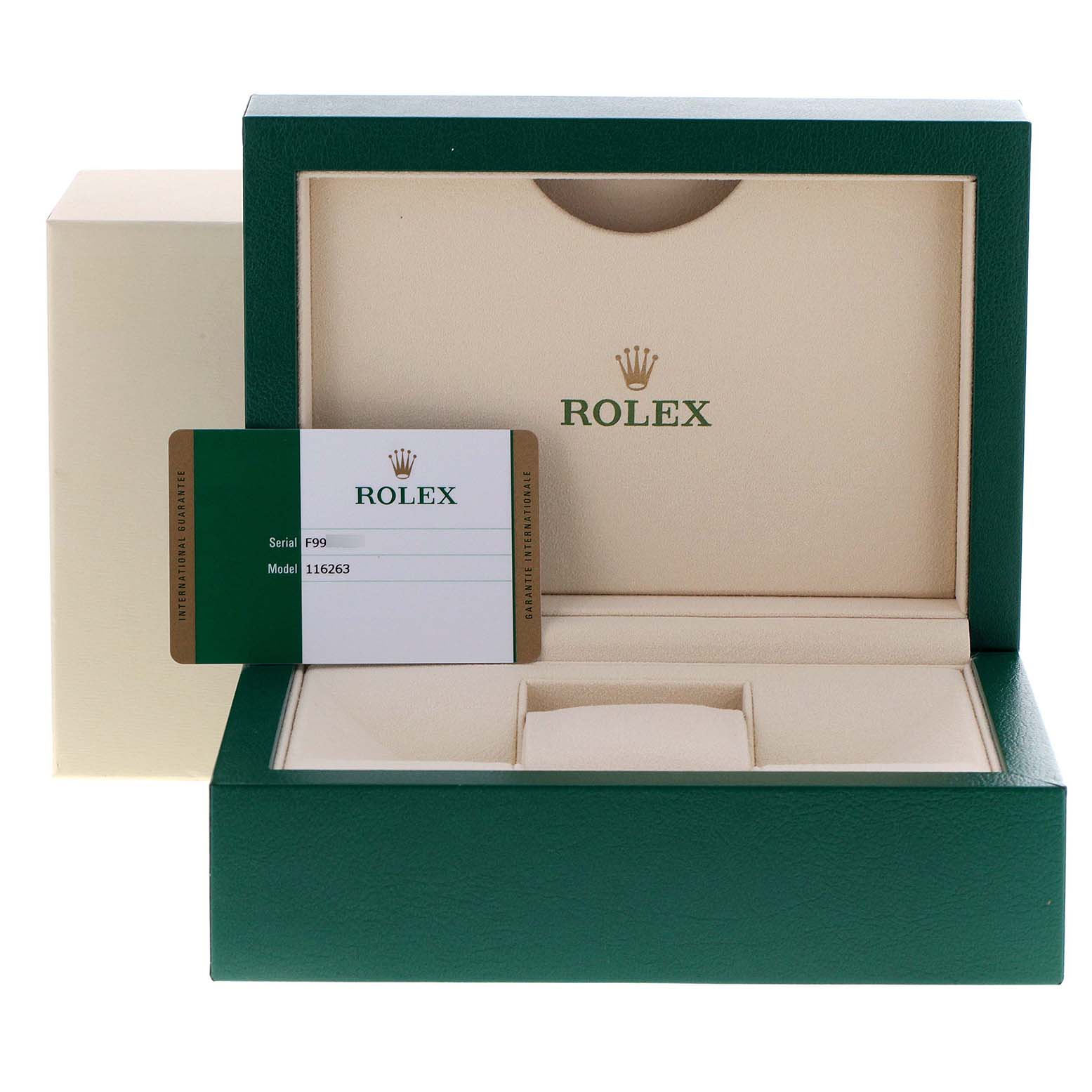 The image shows the open box and warranty card for a Rolex Turn-o-Graph 116263 Men
s Steel and Gold (two tone) Grey Dial 116263 Men
s Steel and Gold (two tone) Grey Dial model.