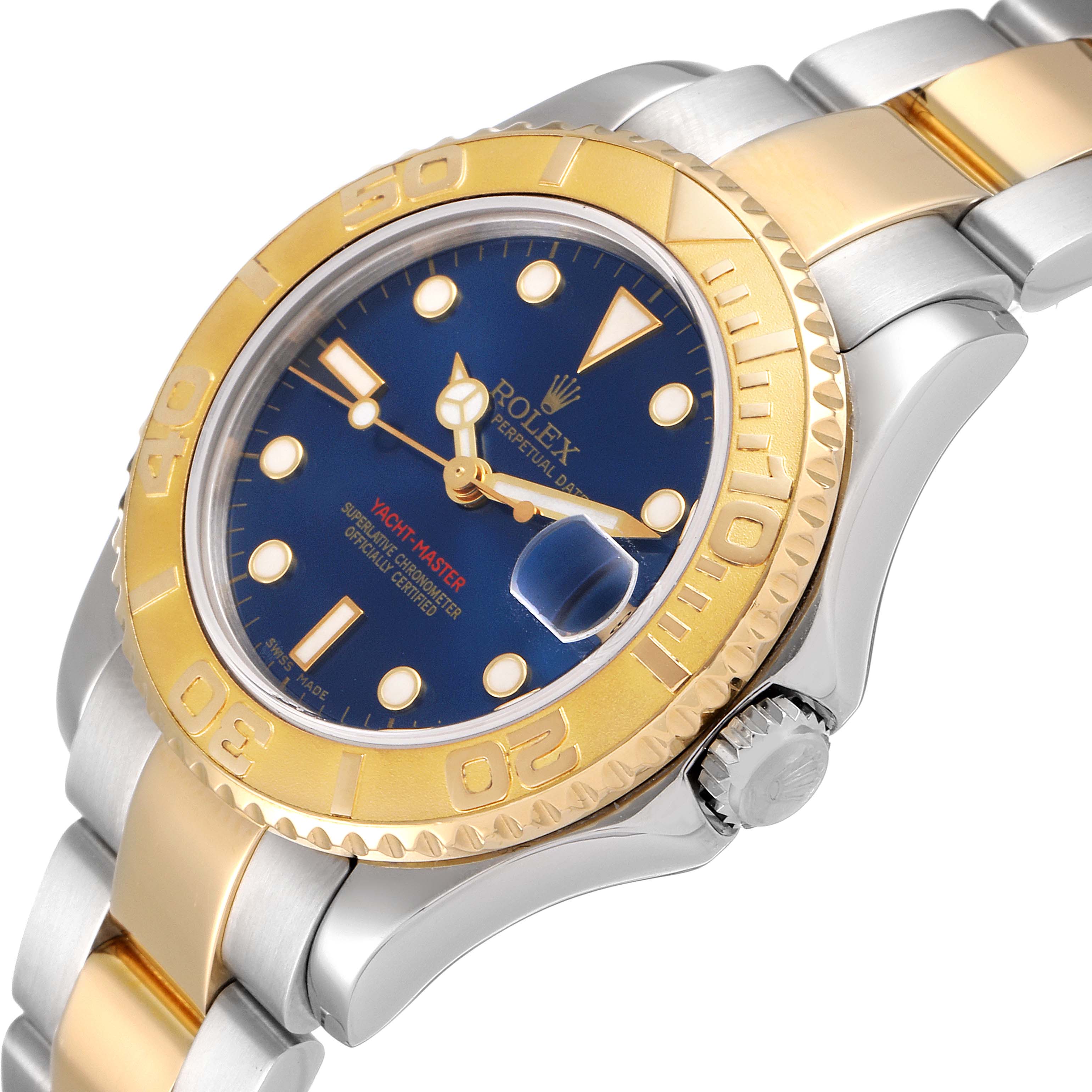 The image shows a Rolex Yacht-Master 168623 Men
s Steel and Gold (two tone) Blue Dial 168623 Men
s Steel and Gold (two tone) Blue Dial watch at a three-quarter angle, highlighting the dial, bezel, and part of the bracelet.