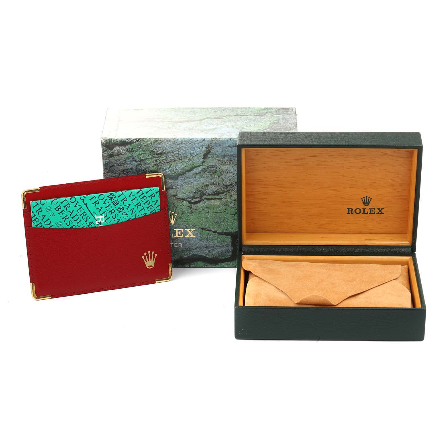 This image shows the packaging, including the box and pouch, for the Rolex Yacht-Master 168623 Men
s Steel and Gold (two tone) Blue Dial 168623 Men
s Steel and Gold (two tone) Blue Dial model.