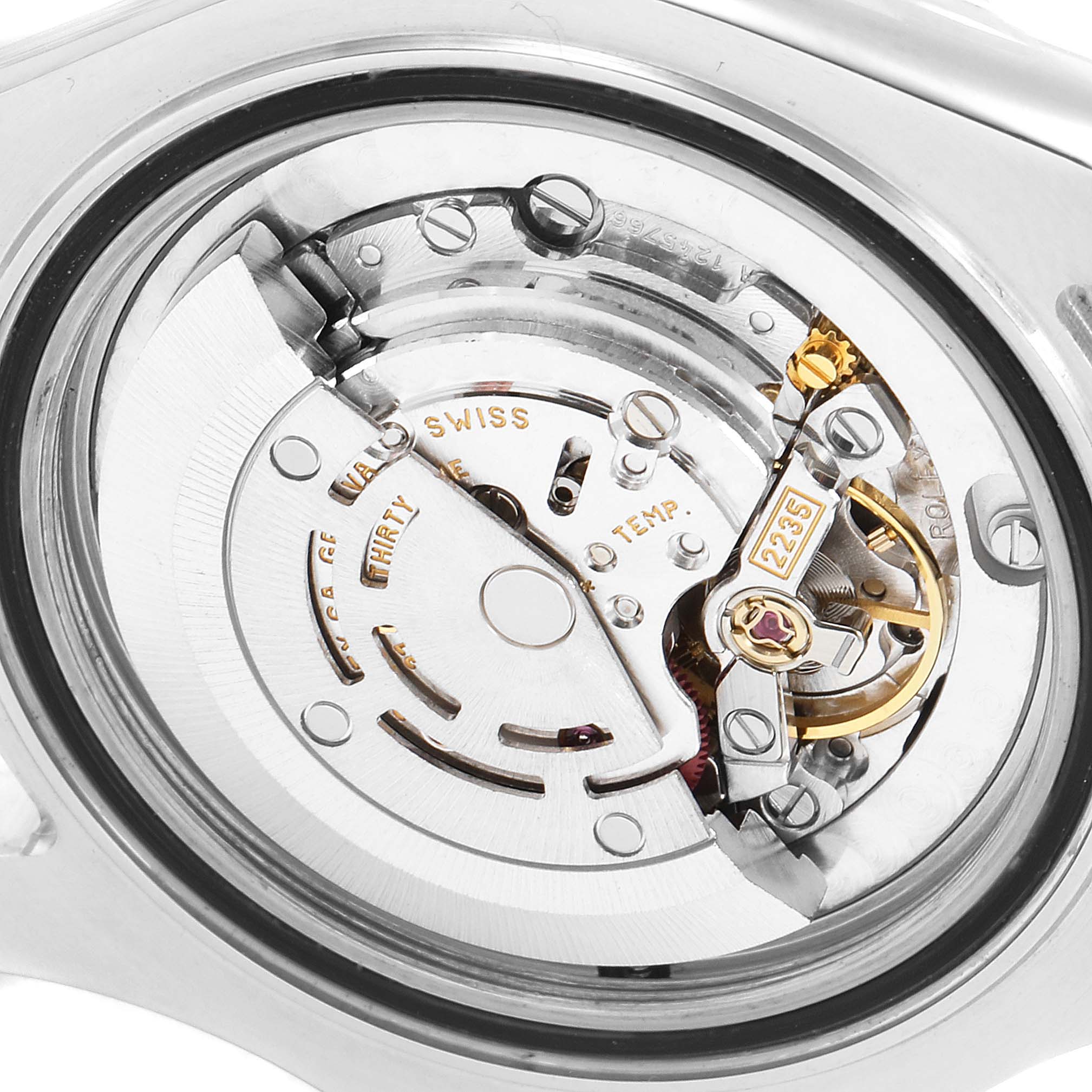 This image shows the inner workings of a Rolex Yacht-Master 168623 Men
s Steel and Gold (two tone) Blue Dial 168623 Men
s Steel and Gold (two tone) Blue Dial watch from a close-up, angled view.