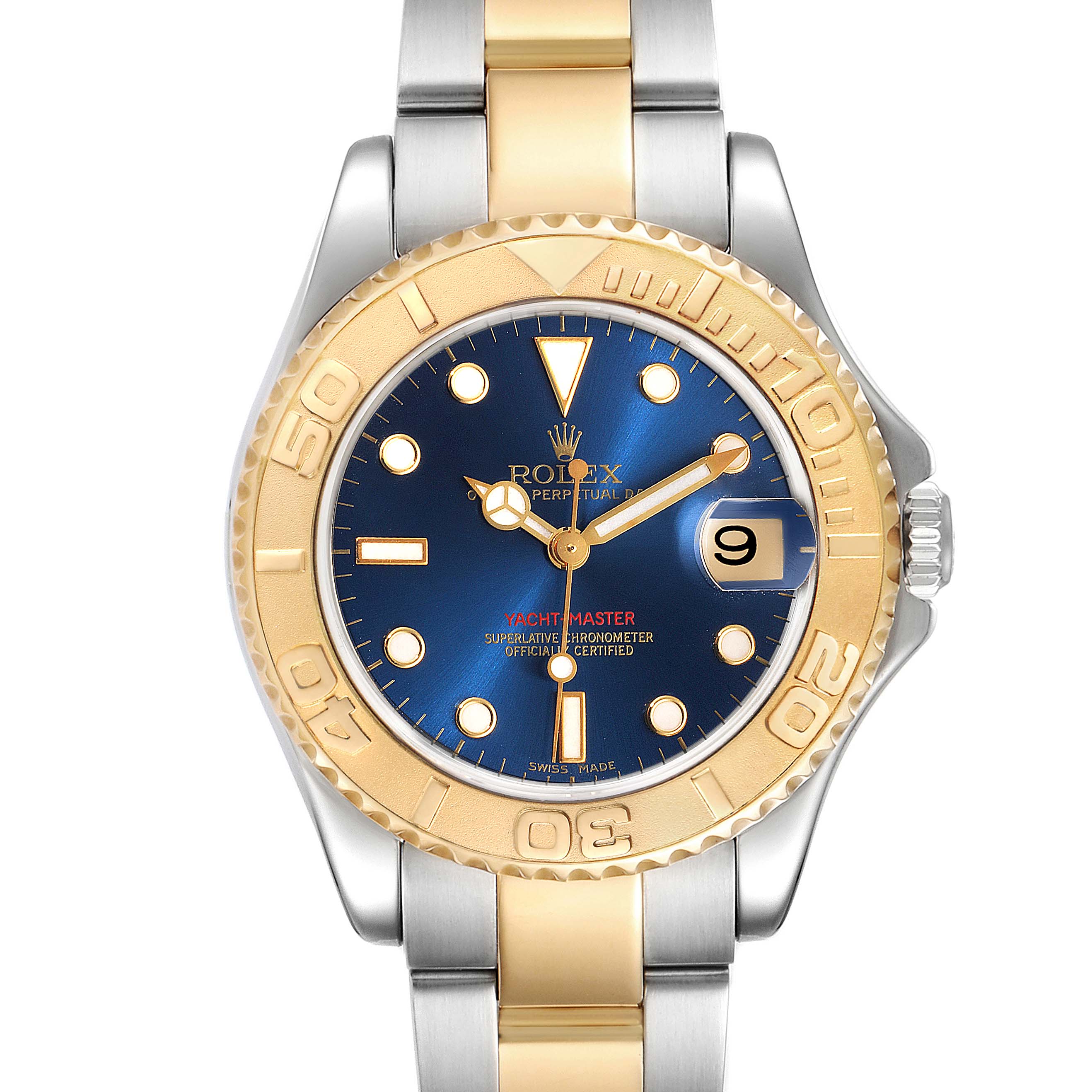 The Rolex Yacht-Master 168623 Men
s Steel and Gold (two tone) Blue Dial 168623 Men
s Steel and Gold (two tone) Blue Dial watch is shown from a front angle, displaying the face, bezel, crown, and part of the bracelet.