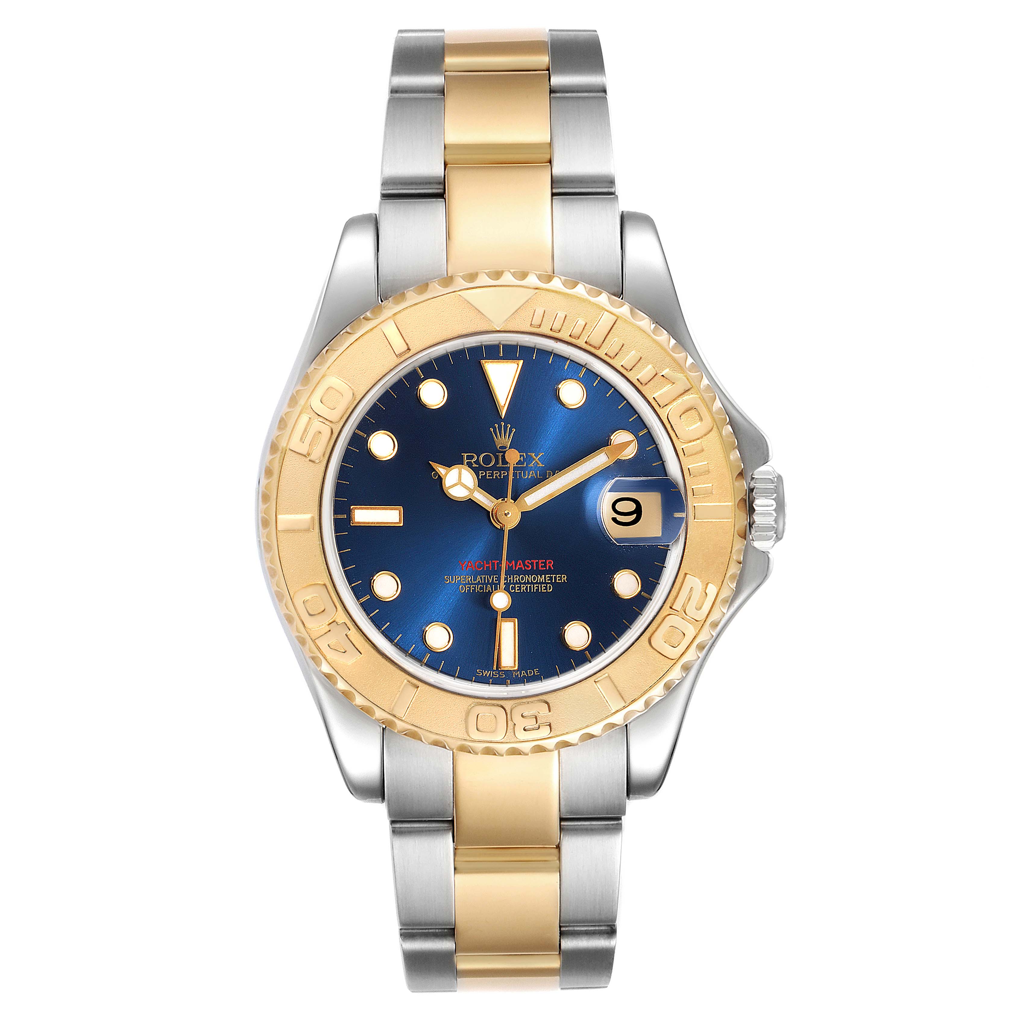 This Rolex Yacht-Master 168623 Men
s Steel and Gold (two tone) Blue Dial 168623 Men
s Steel and Gold (two tone) Blue Dial watch is shown from a front view, featuring the dial, bezel, and part of the bracelet.