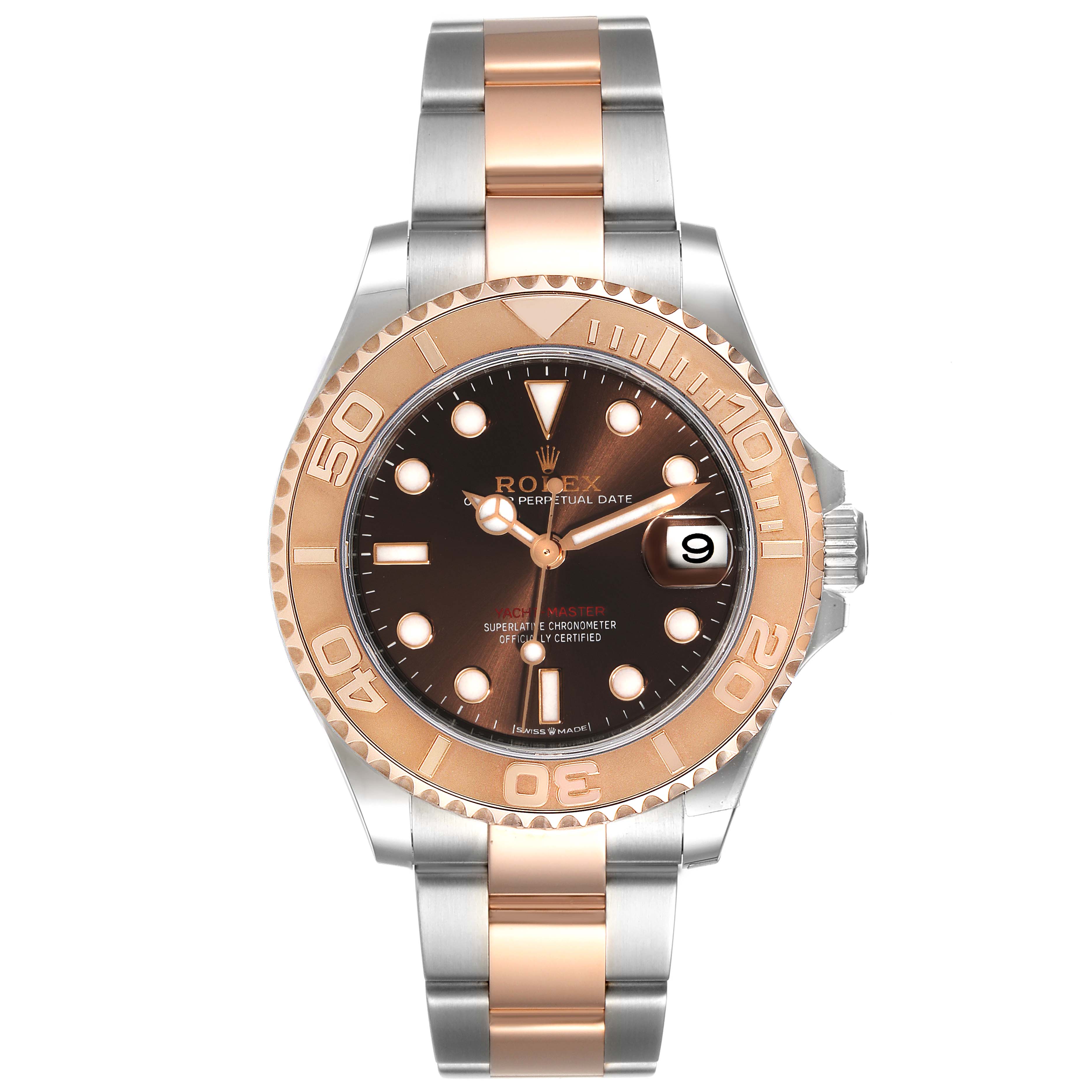 This Rolex Yacht-Master 268621 Men's Steel and Gold (two tone) Brown Dial 268621 Men's Steel and Gold (two tone) Brown Dial model watch is shown from a front angle, highlighting the dial, bezel, and two-tone bracelet.