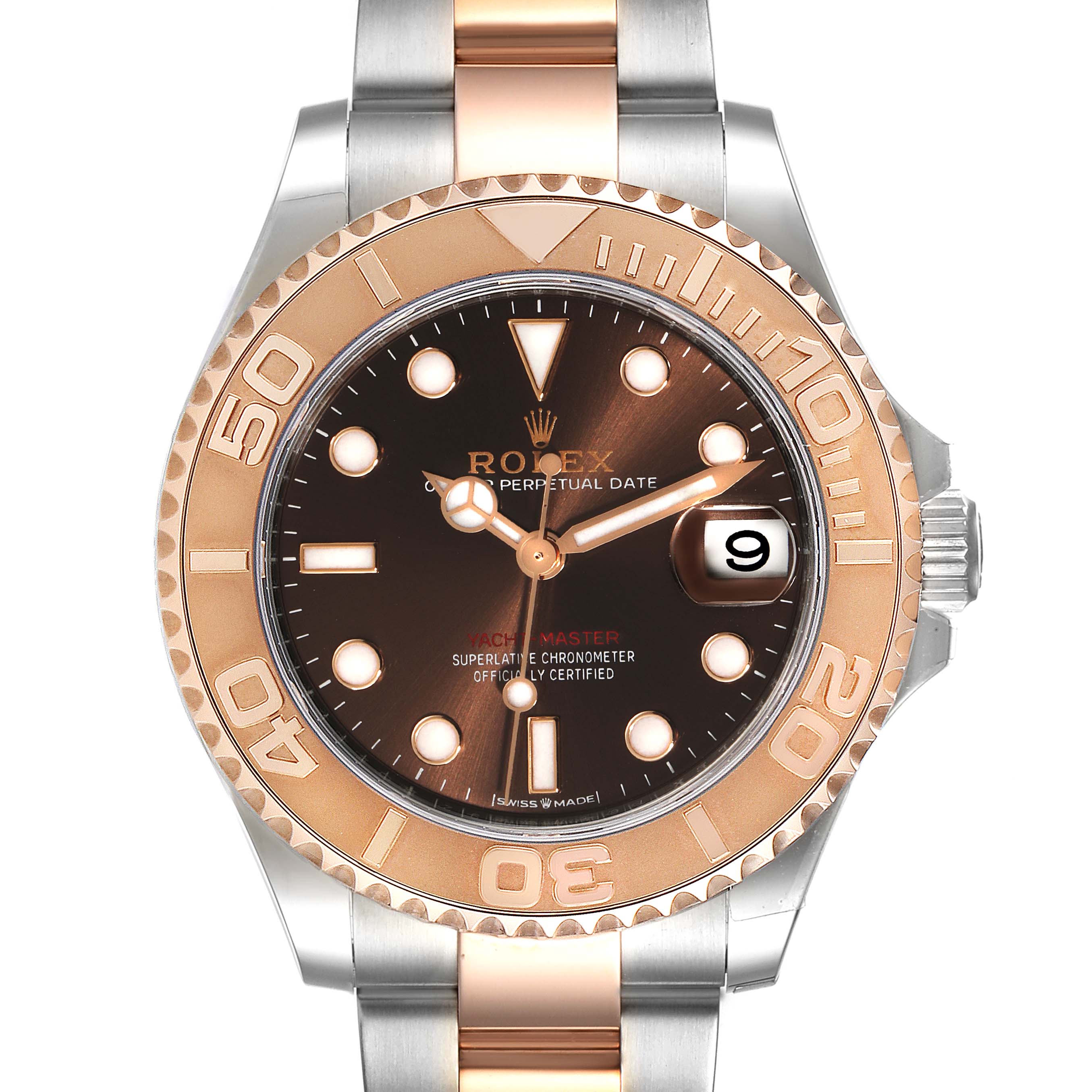 The image shows a front view of the Rolex Yacht-Master 268621 Men's Steel and Gold (two tone) Brown Dial 268621 Men's Steel and Gold (two tone) Brown Dial watch, including the dial, bezel, and part of the bracelet.