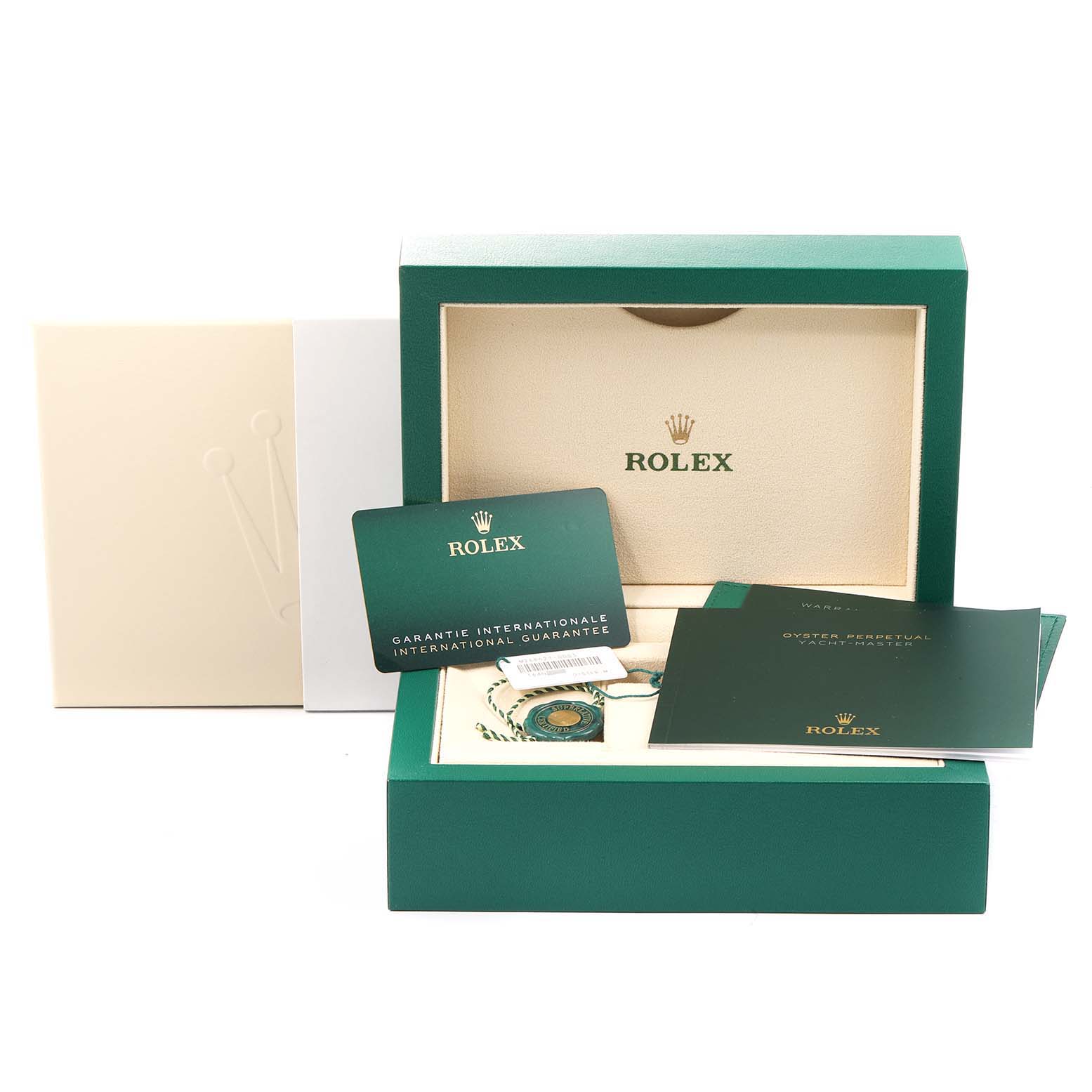 The image shows the packaging, warranty card, tags, and manuals for a Rolex Yacht-Master 268621 Men's Steel and Gold (two tone) Brown Dial 268621 Men's Steel and Gold (two tone) Brown Dial watch.